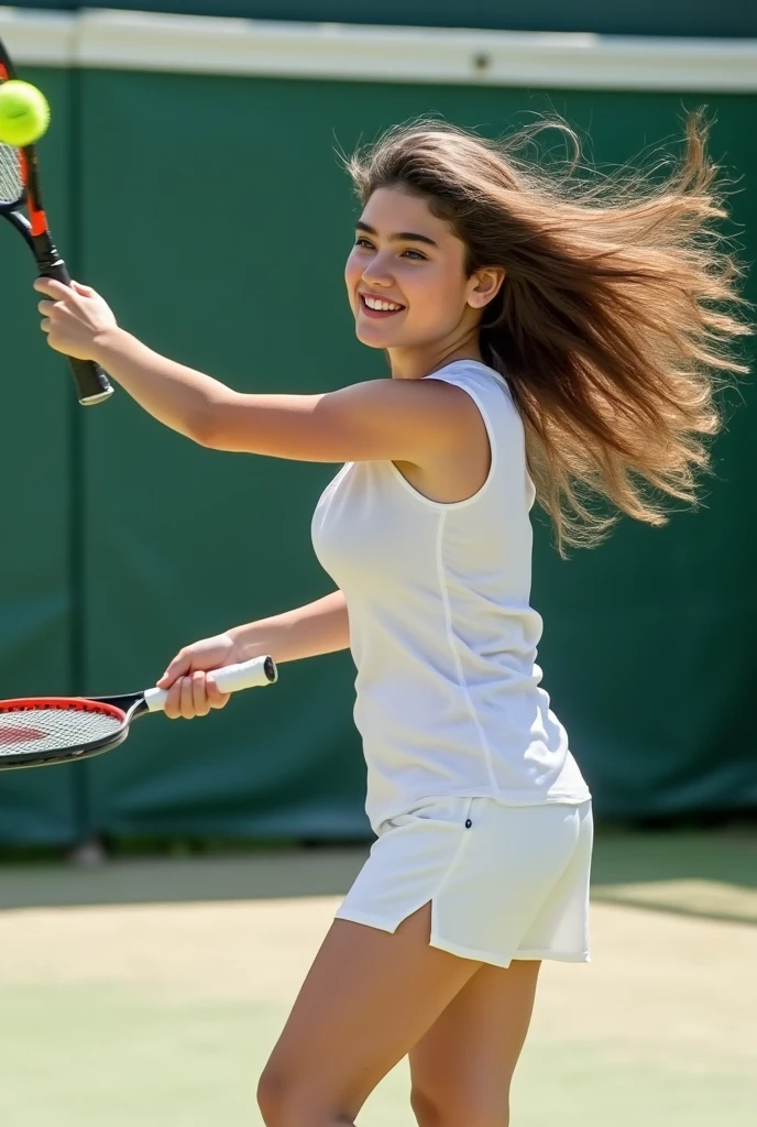 (8k, highest quality, masterpiece: 1.2), (Realistic, Realistic: 1.37), Very detailed, 1 girl, 18-year-old, White base、、White panties、Beautiful panties、She flips up her skirt to show the White base、big, beauty, cute, smile, alone, Tennis Wear, mini skirt, White base、Beautiful thighs、beautiful cameltoe、Tennis court, racket, Tennis ball, (Nose redness), (smile: 1.15), (Mouth open), Beautiful Eyes, (Long Hair: 1.2), Floating Hair Nova Frog Style, Upper Body