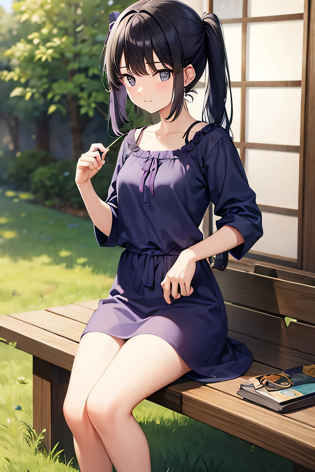 dance，(child)，（masterpiece，Top quality)，Light Grape Pleated Mini Skirt，short sleeve，black hair，Summer Classroom，Lakeside