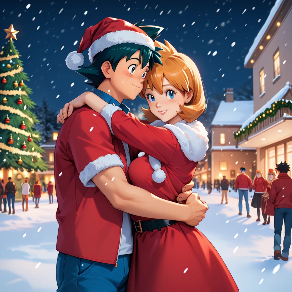 highly detailed, (couple), hetero, (duo focus), highres, 1man, 1woman, BREAK, 1man, ash ketchum, ashxyz, aged up, handsome boy, good looking boy, santa outfit, santa hat, hugging from behind, arms wrapped around girl, BREAK, 1woman, Misty_G, christmas outfit, looking at viewer, christmas tree, christmas decorations, christmas lights, christmas background, public city plaza, snow, snowing,