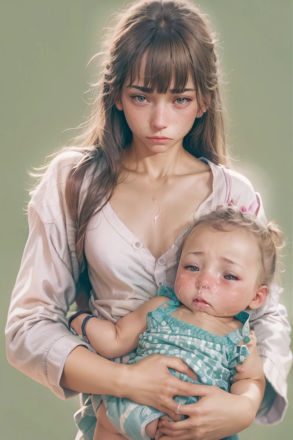 (fucking, anal rape:1.331), (skinny teenage mother holding very pretty baby girl, presenting), sad expression
