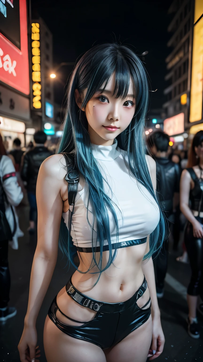 there is a woman with a blue hair and a white top, anime girl cosplay, inspired by Leng Mei, photo of slim girl model, anime girl in real life, seductive anime girl, cyberpunk 2 0 y. o model girl, chinese girl, female cyberpunk anime girl, photo of slim girl, beautiful cyberpunk woman model, anime cosplay, cosplay photo, cosplay