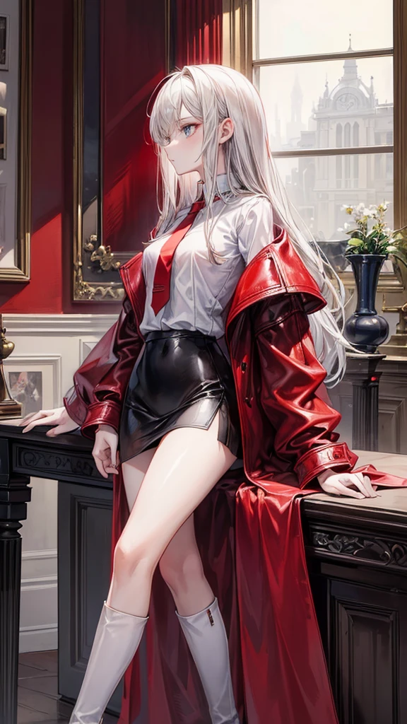 silver-haired girl, red eyes, medium breasts, sexy body, long-sleeved  ((buttoned))((detail)), graceful position , ((Luxury academy background)), With (( miniskirt and stockings)),