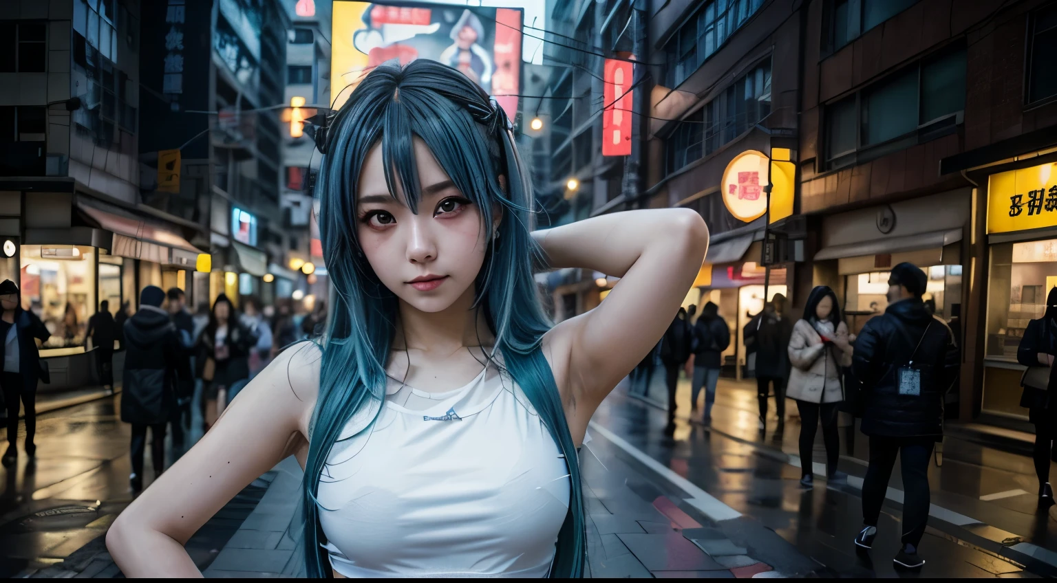 there is a woman with a blue hair and a white top, anime girl cosplay, inspired by Leng Mei, photo of slim girl model, anime girl in real life, seductive anime girl, cyberpunk 2 0 y. o model girl, chinese girl, female cyberpunk anime girl, photo of slim girl, show armpits, beautiful cyberpunk woman model, anime cosplay, cosplay photo, cosplay