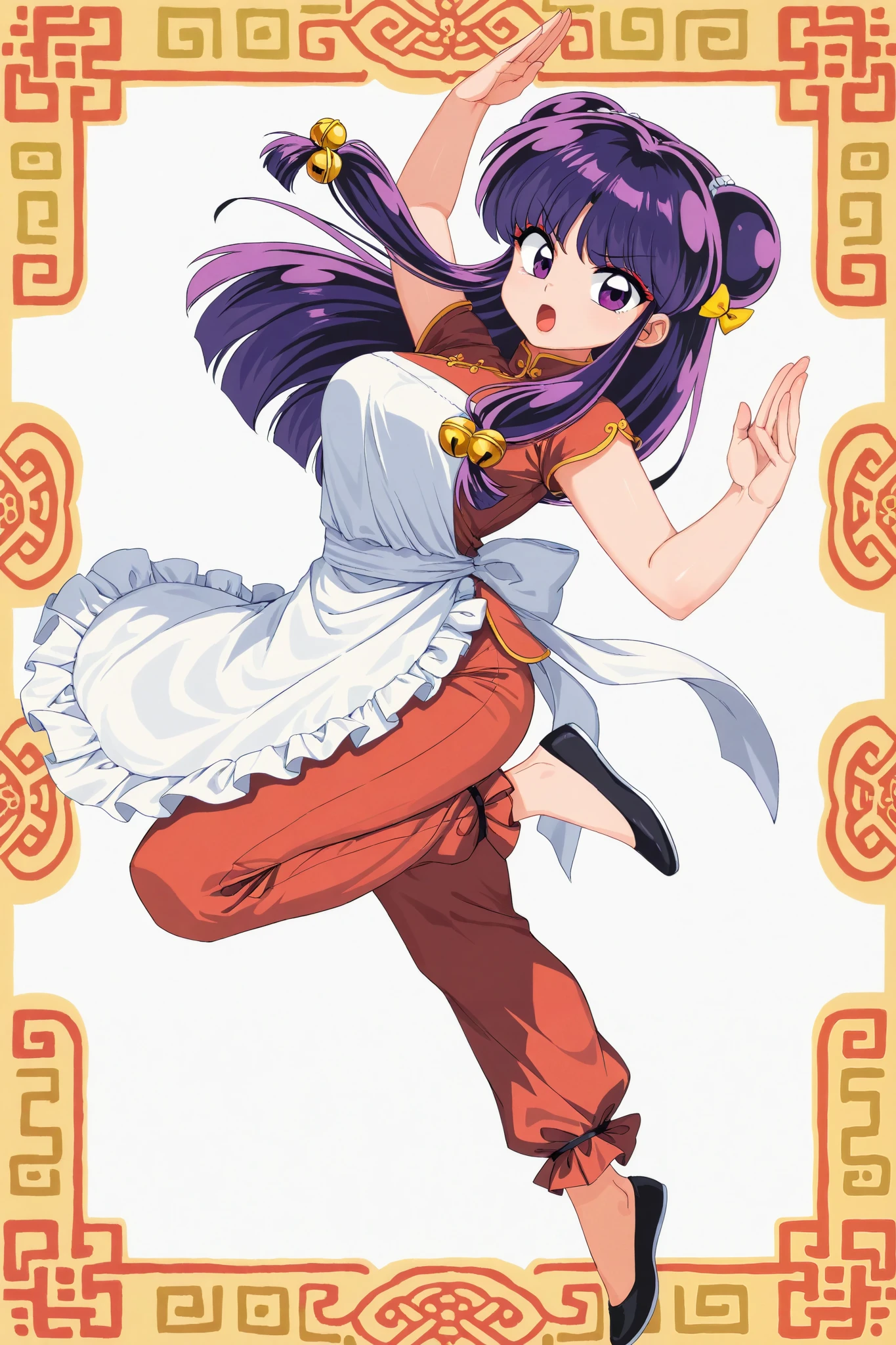 (solo:1.3),1girl\(shampoo, character of anime\(Ranma1/2\),cute,sexy, mad,angry face,open mouth,long hair, looking at viewer, bangs, simple background, hair ornament, white background, dress, purple eyes, full body, purple hair, sidelocks, hair bun, bell, double bun, chinese clothes, red short dress, (red pants:1.3), hair bell, eyeshadow, frilled apron,dynamic kung-fu pose\).background\(old chinese restaurant\). BREAK .quality\(8k,wallpaper of extremely detailed CG unit, high resolution, top-quality, top-quality real texture skin, hyper realistic, increase the resolution, RAW photos, best quality, highly detailed, the wallpaper, golden ratio, high saturation realism, vibrant colors, dramatic lighting, persuasive storytelling, atmospheric scenery, captivating visuals, intricate details, strong emotions, dreamlike world\),(dynamic angle:1.4)