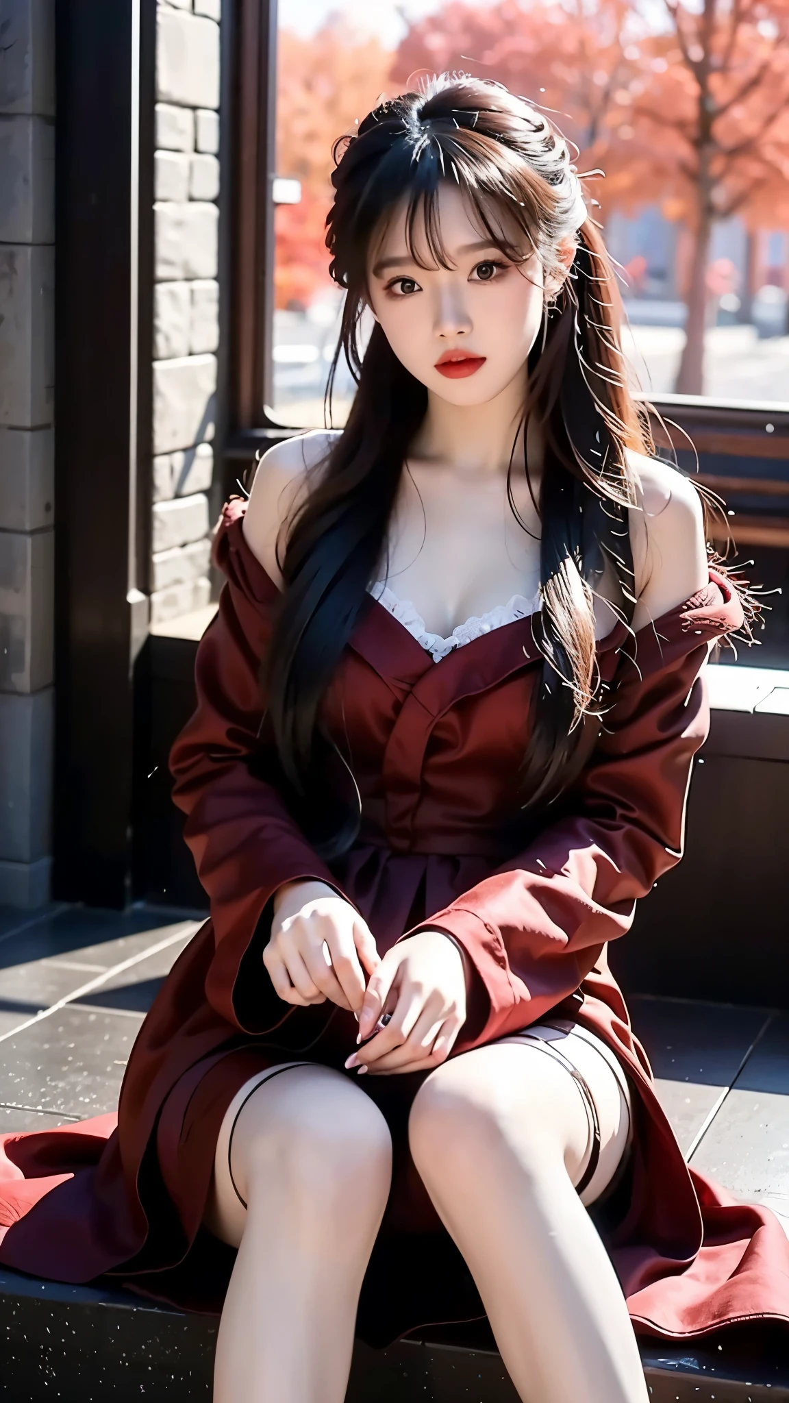 The long-haired woman leaned against the railing，With his eyes closed, bae suzy, On a sunny day, krystal, portrait jisoo blackpink, hot with shining sun, girl wears a red dress, shot at golden hour, Wearing a red cheongsam, Portrait shooting, photoshoot, Album art, ulzzangs, jisoo of blackpink, red velvet, jisoo from blackpink