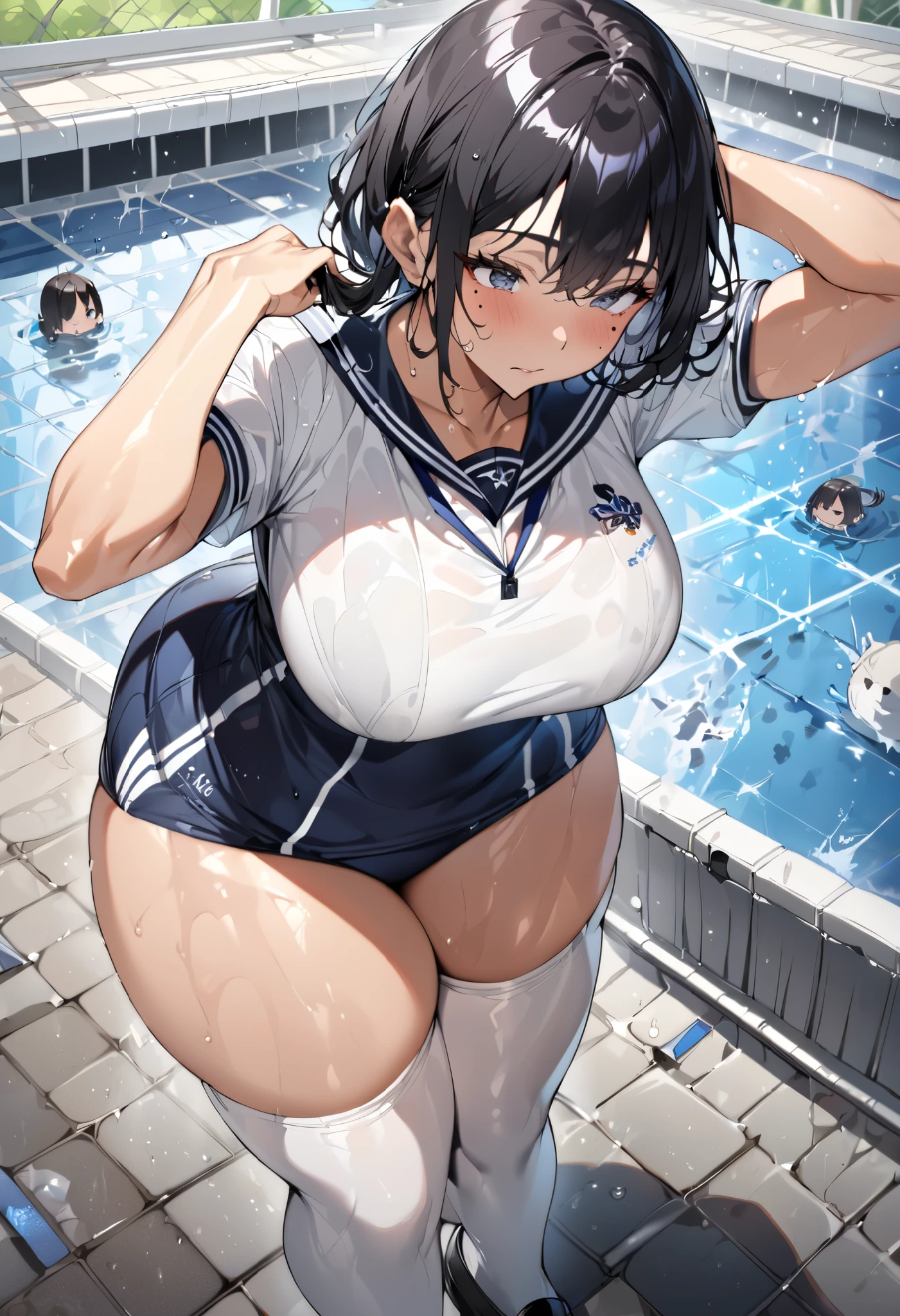 highest quality、High resolution、detailed background、masterpiece、cute10代の美少女、three women、navy blue school swimsuit、brown hair、bob cut、braided ponytail、それぞれcute編み込みヘアスタイル、(huge breasts:1.2)、realistic images、perfect body line、thick thighs、
(Super close-up shot of three beautiful girls wearing school swimsuits at the school pool from below:1.5))、Close-up of swimsuit from below、troubled expression、Swimsuits that glow when wet、the whole body is wet、Hair is also wet、cute