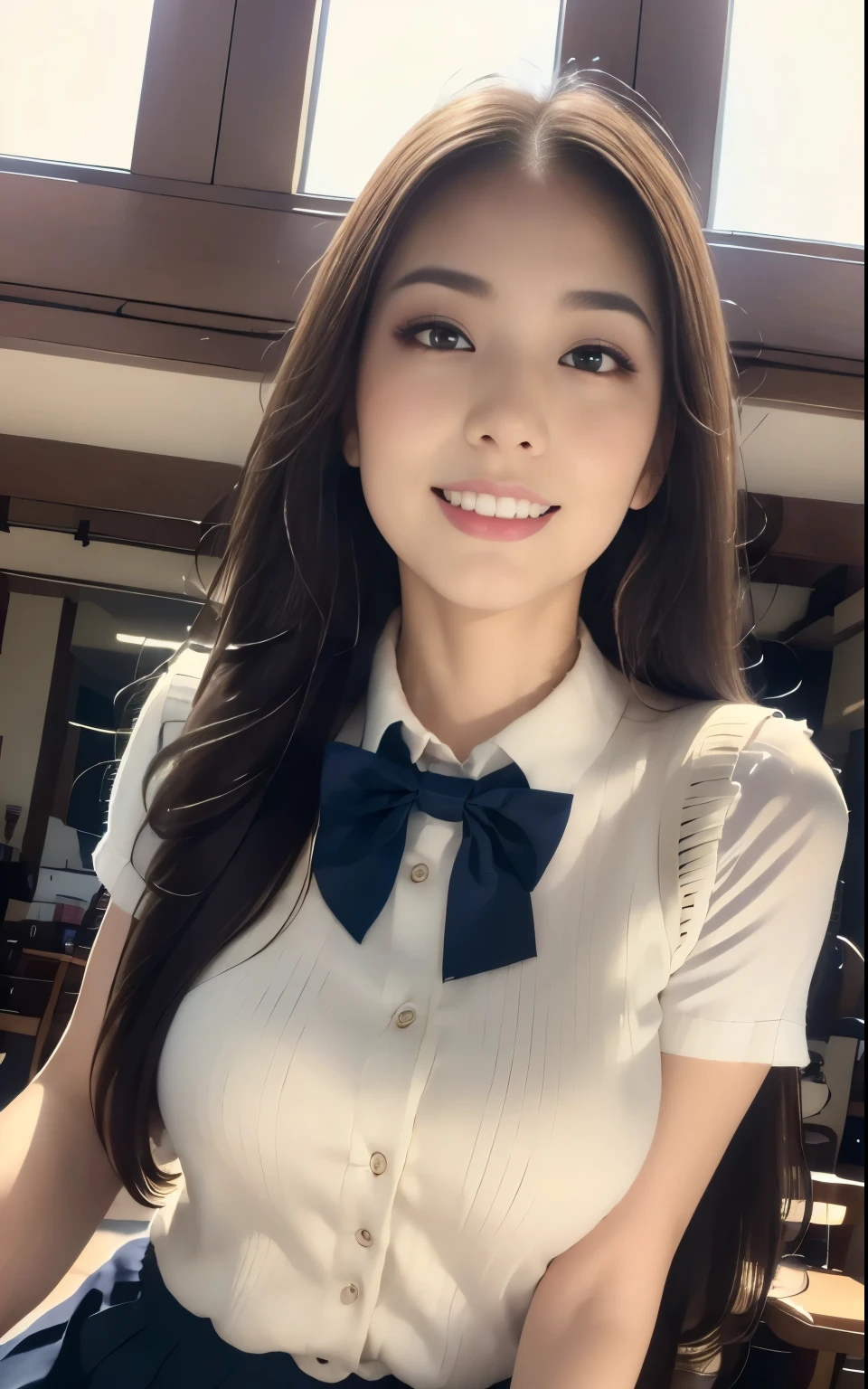 (masterpiece:1.2, top quality), ( realistic , photo realistic :1.4), Big Breasts:1.2, beautiful illustration , ( natural light, movie lights), depth of written border, keeps staring at the audience , ( face focus, upper body), Front View, 1 girl, Japanese , high school girl , perfect face, symmetrical pretty face, black hair, asymmetric bang , big eyes, Droopy eyes, Long Lashes , beautiful hair, beautiful face, beautiful eyes , beautiful body, beautiful thighs, beautiful legs, Libraries , (( High-quality fabric texture , Brown knit vest, short sleeve white collared shirt, Navy pleated skirt, navy bow tie )), ( Beautiful Scenery ), evening , ( Libraries の中), standing with different breasts , (smile, Excellent, mouth), (from below:1.5),