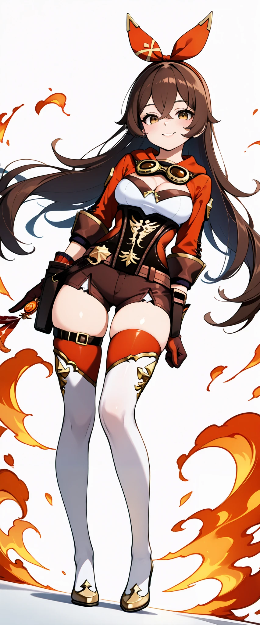 masterpiece, best quality, 32k, high resolution, absurdres, medium breasts, (curvy), cute, eyelashes, vivid colors, shiny hair, shiny skin, 
simple background, fire enveloping, fire aura, neolight, 
foreshortening, dutch angle, contrapposto, naughty smile, looking at viewer, low-angle-view, from below, fullbody, feet, 
zzAmber, amber (genshin impact), solo, long hair, bangs, brown hair, ribbon, hair between eyes, brown eyes, hair ribbon, sidelocks, hairband, thighhighs, gloves, long sleeves, cleavage, shorts, white gloves, goggles, goggles around neck, 