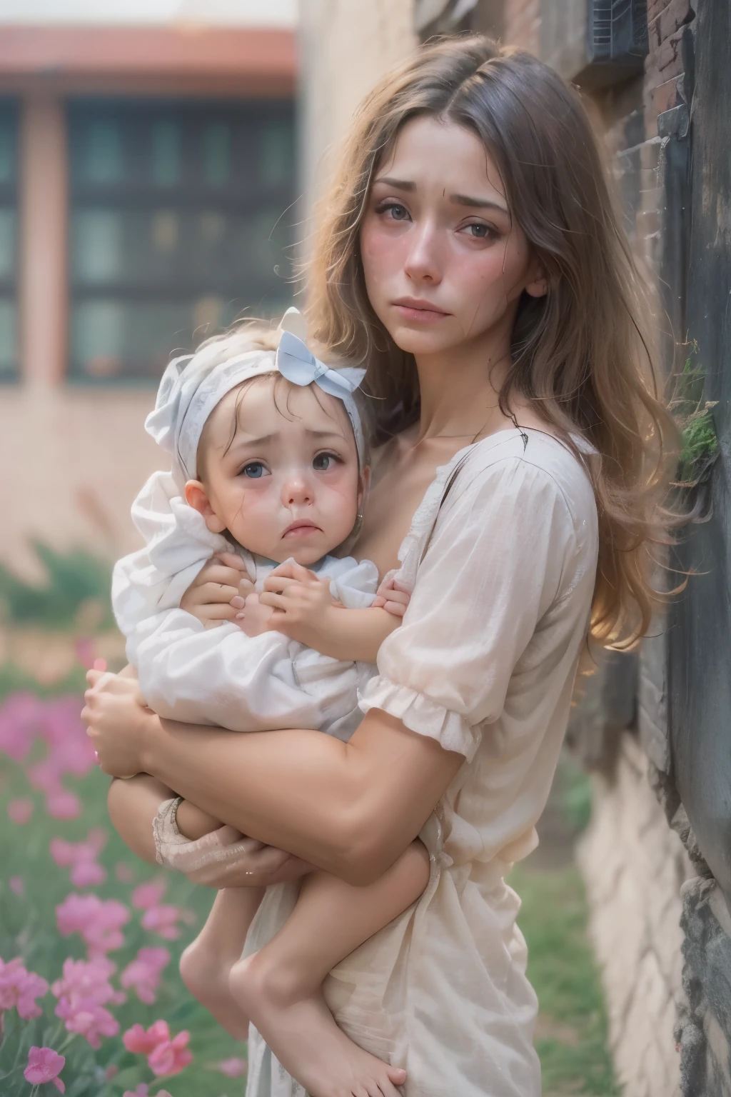 (fucking, anal penetration:1.331), (skinny teenage mother holding very pretty baby girl, presenting), sad expression
