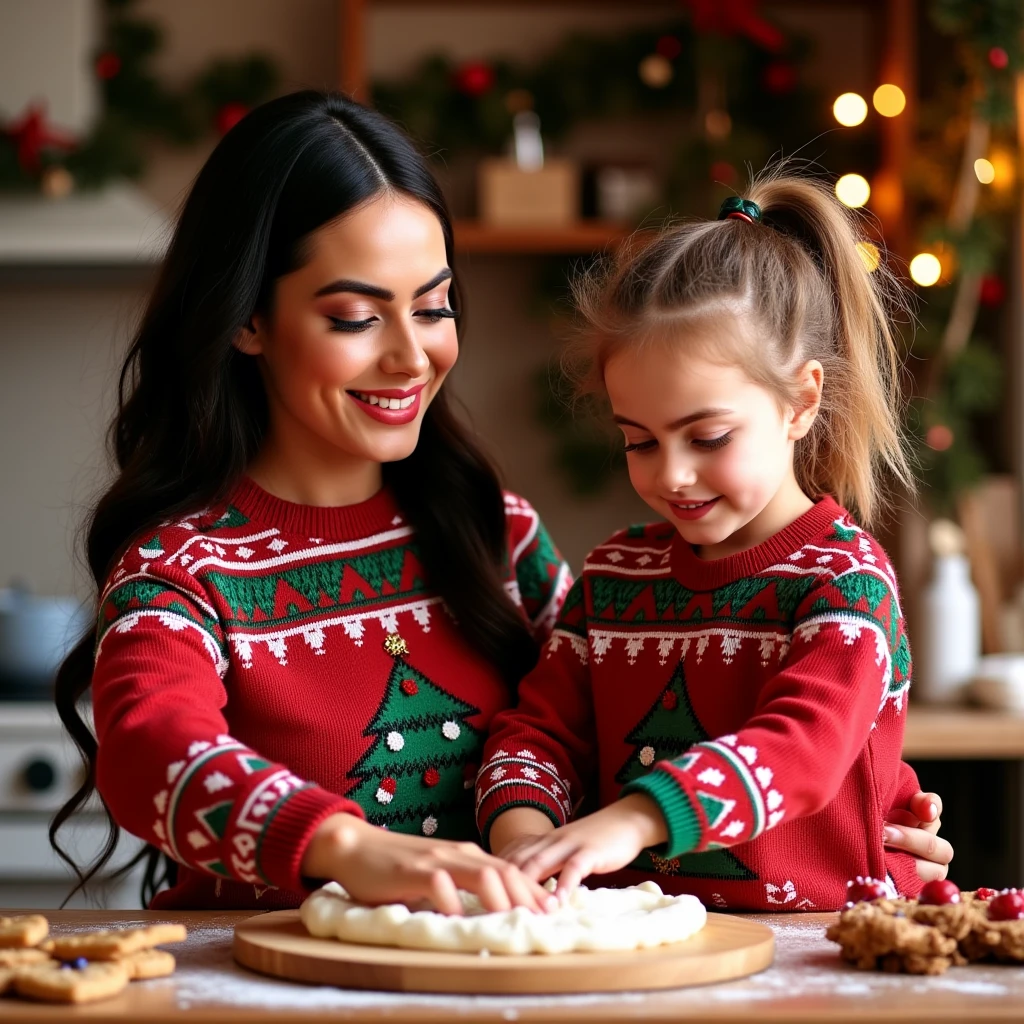  Create a hyperrealistic image , en 8K, perfect texture, a family of  ,  of a mother and daughter ,  they are smiling kneading cookies
Traits of the woman :  Dua Lipa song .
Scenery:  in a Christmas kitchen
Pose :  both of them on a kitchen counter making Christmas cookies
:  both wear a Christmas sweater
Woman's hair : Very long, heel.
eyebrows:  Dark and well-defined
Eyes : Of color blue, A long.
Nose:  Proportioned and straight and round
Lips : Fleshy.
Baby traits :
girl with white skin , blush,  golden-blond hair 
yellow in a tall ponytail ,  expressive blue eyes ,  Long eyelashes,  small nose,  small mouth with a slightly reddish hue  