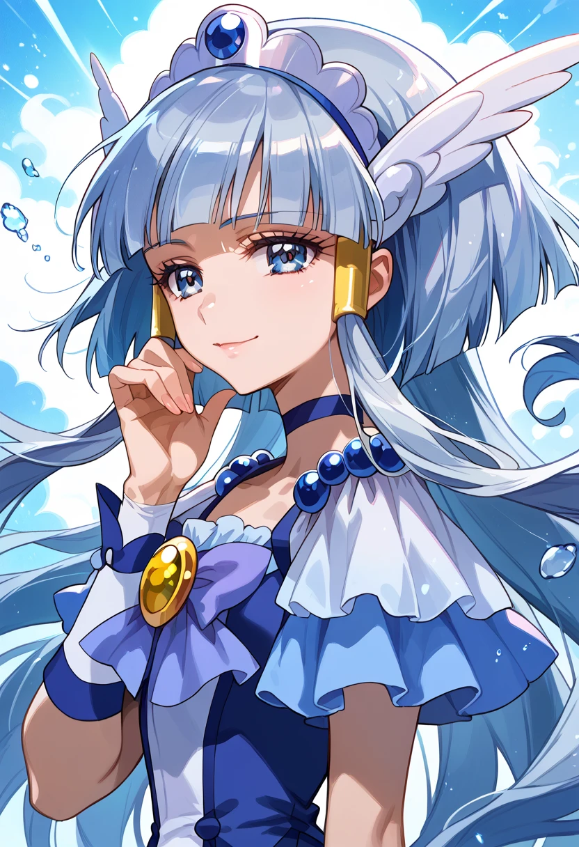 detailed background, shiny skin, posing, rating safe,  half-closed eyes, seductive smile,curebeauty,,Extremely beautiful anime style,( Silver Hair)