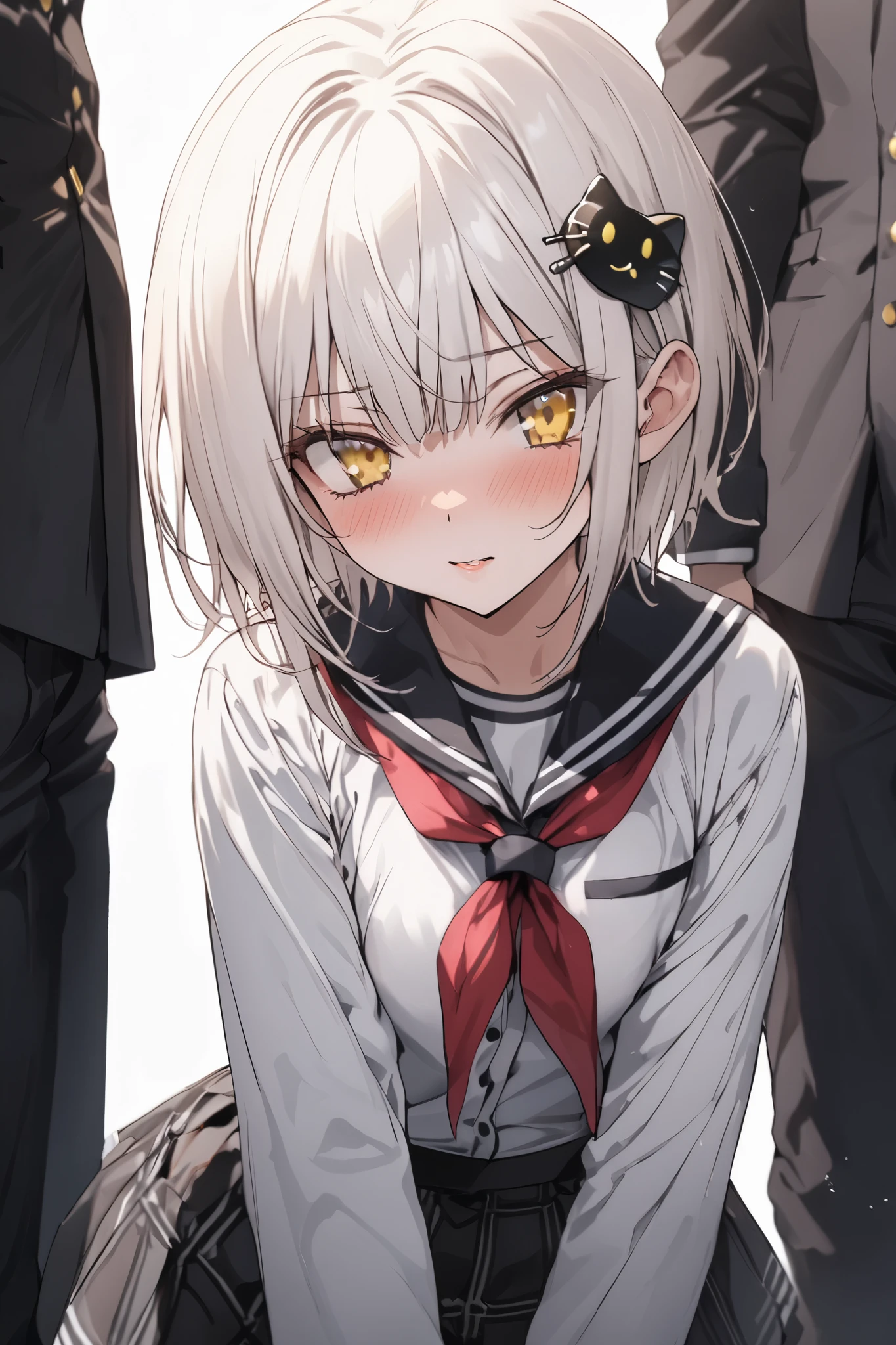 NSFW,masterpiece, top quality , high definition , very detailed,Tojo kitty cat、 short hair、 hair ornament、 yellow eyes、White Hair, skirt、uniform、 shirt、白い shirt、襟付き shirt、 neckerchief 、黒い neckerchief 、 Long Sleeve 、赤い skirt