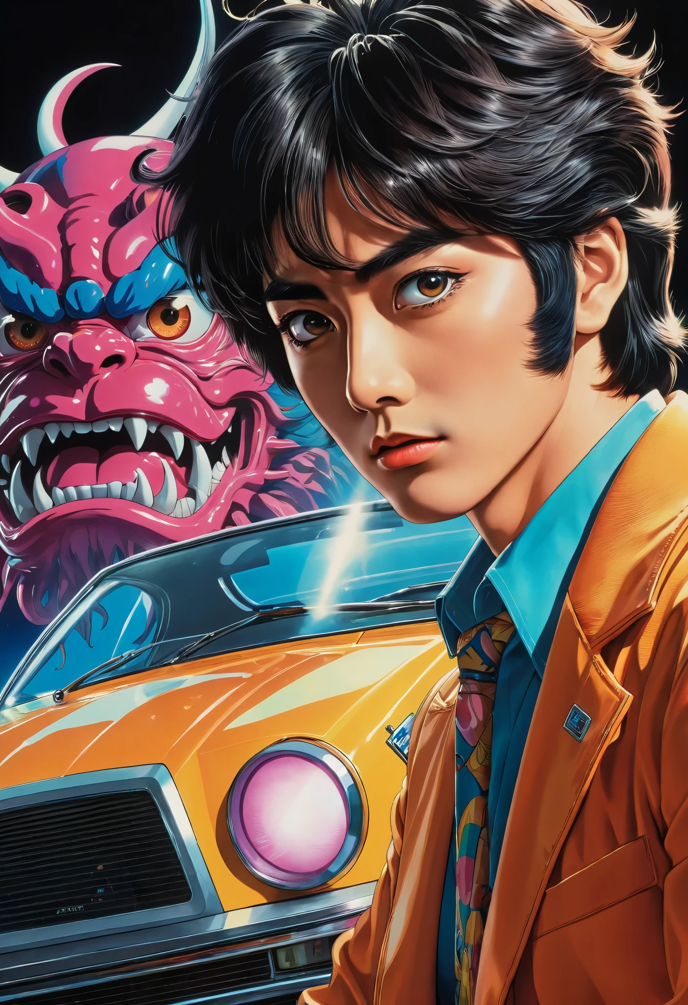 black hair male, An illustration、art、70s indonesia horror movie posters, Supervised by Junji Ito、High detail, Realistic Shadows、Analog Style, chromatic aberration, Surrealism、Complementary Gradient, nightmare