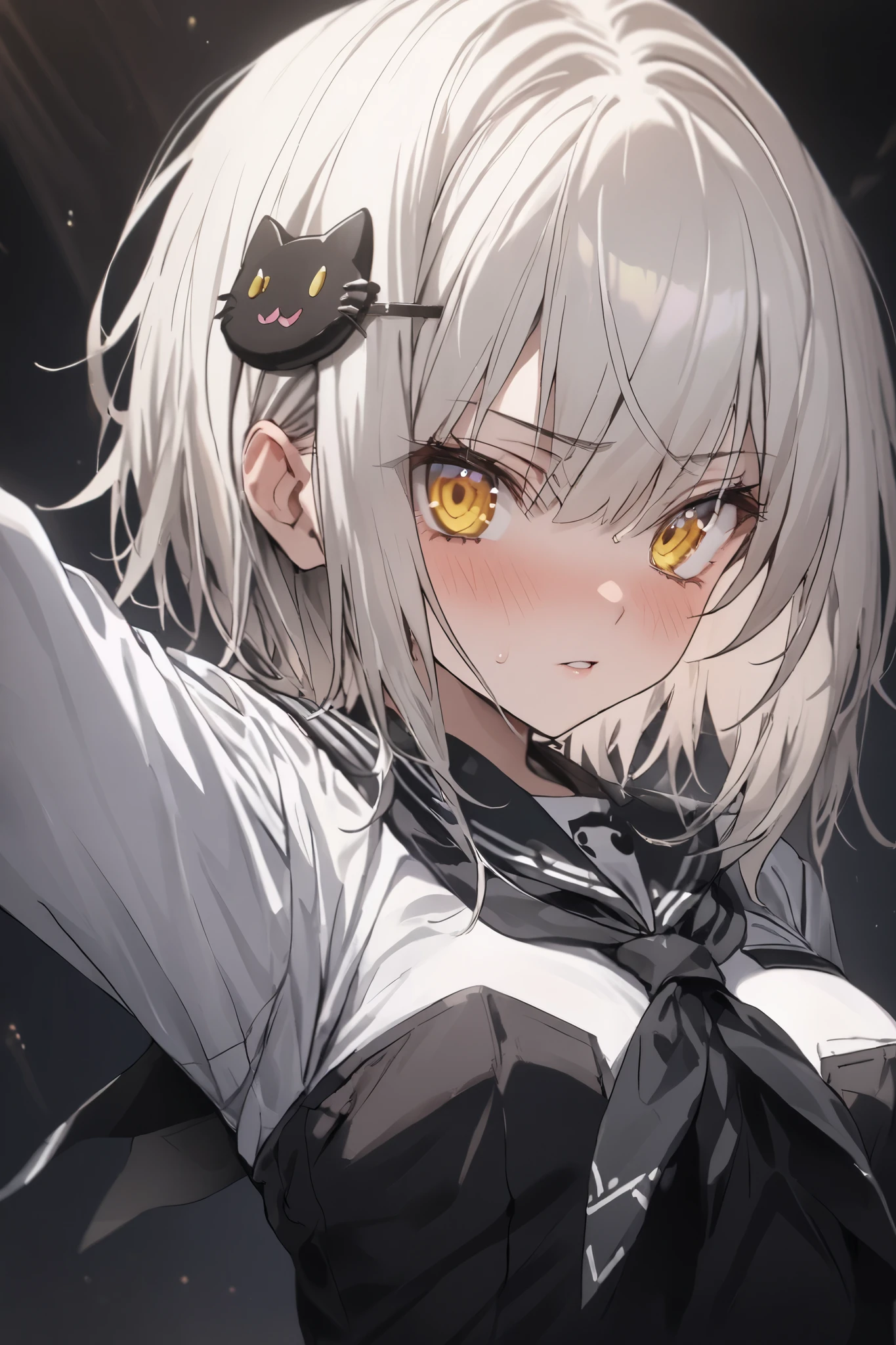 NSFW,masterpiece, top quality , high definition , very detailed,Tojo kitty cat、 short hair、 hair ornament、 yellow eyes、White Hair, skirt、uniform、 shirt、白い shirt、襟付き shirt、 neckerchief 、黒い neckerchief 、 Long Sleeve 、赤い skirt