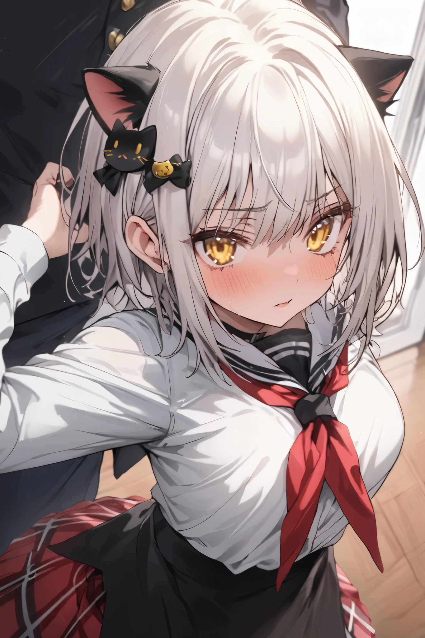 NSFW,masterpiece, top quality , high definition , very detailed,Tojo kitty cat、 short hair、 hair ornament、 yellow eyes、White Hair, skirt、uniform、 shirt、白い shirt、襟付き shirt、 neckerchief 、黒い neckerchief 、 Long Sleeve 、赤い skirt