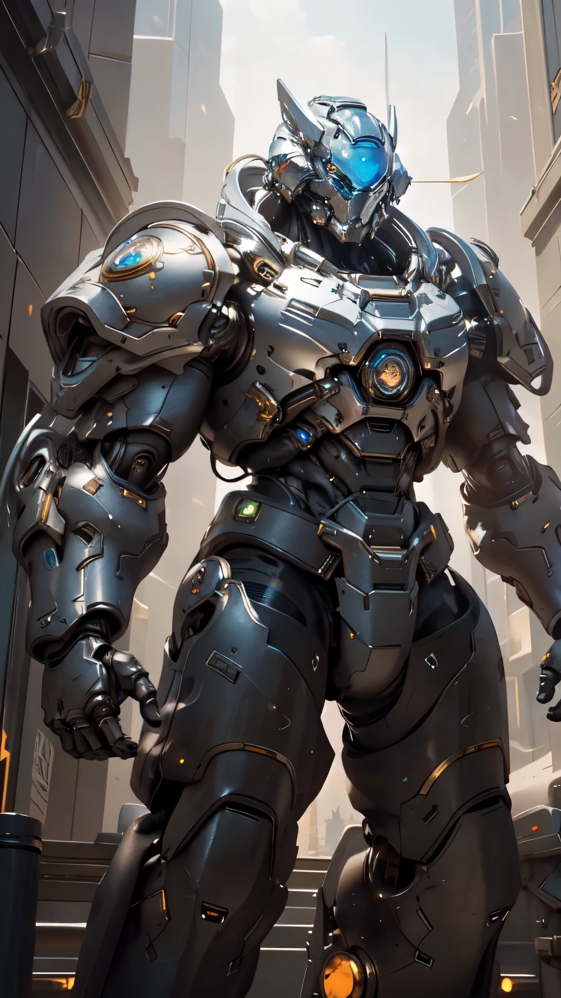 (masterpiece:1.5, best quality:1.5, extremely delicate:1.5), (male:1.5), humanoid Mecha, fully enclosed shoulder guards, matching arm and leg guards, full body, full armor, the design balances heavy with agility, (the color scheme is primarily Blue with Black and White accents, the concept Inspired by Military Robot, MRS), organic biotech armor, standing, floating high above the futuristic sci-fi city, exquisite and mature art style, (aura effect, glowing eyes, the armor glows), metallic, dramatic, high definition, highres, ultra-detailed, ultra-fine painting, professional, perfect body proportions, anatomically correct, symmetrical face, extremely detailed eyes and face, high quality eyes, creativity, RAW photo, UHD, 32k, Natural light, cinematic lighting, masterpiece-anatomy-perfect
white color mecha，Only mechanical