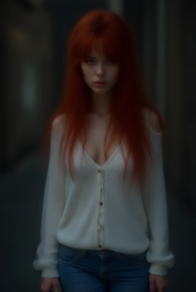 (((HD photo))), ultra high res.photorealistic:. 1.4, UHD, masterpiece, trending on art station, full body shot, 1girl, pretty, cute face, ((detailed face, detailed eyes, beautiful in the world, soft, delicate, (long red hair), large sagging breasts, slim waist, (wearing buttoned sweater, blue jeans:1.2), hires textures, intricate details), sunkissed, alley at night, dark alley, midnight, alone, scared, white loose sweater, buttoned sweater,(( very dark )), pused on the wall, shocked