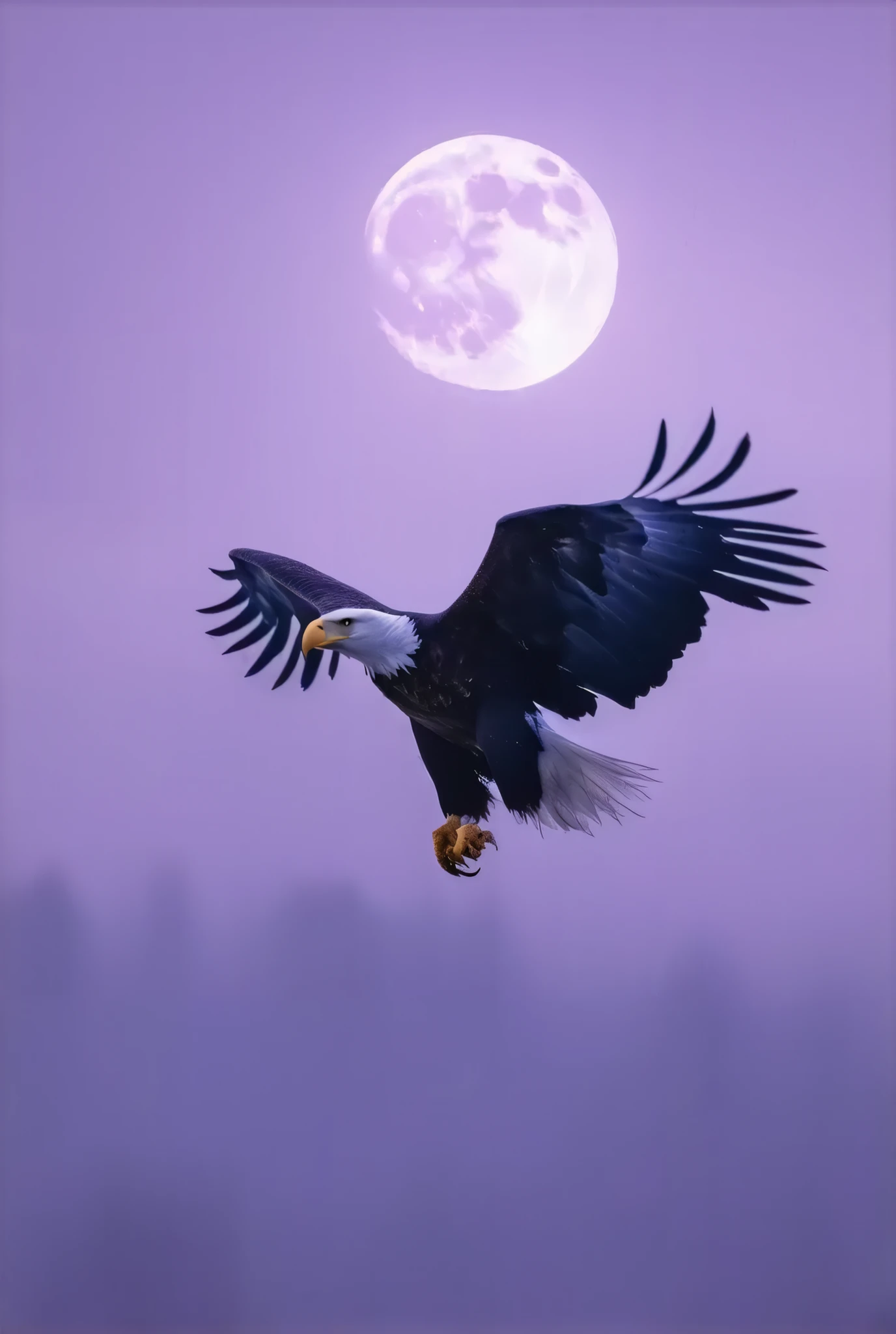 (8k, top quality, Masterpiece , Final Fantasy Style: 1.2),Atmospheric perspective, 8K, Very detailed, , (Composition seen from directly below the front,:1.3), A bald eagle swoops down toward its prey from above with its head down , its claws on both feet wide open., keen eyes, dynamic, ferocious, murderous, Moonlit night, clear air, night fog, sparkling ice particles in the air, , The sky turns eerily purple