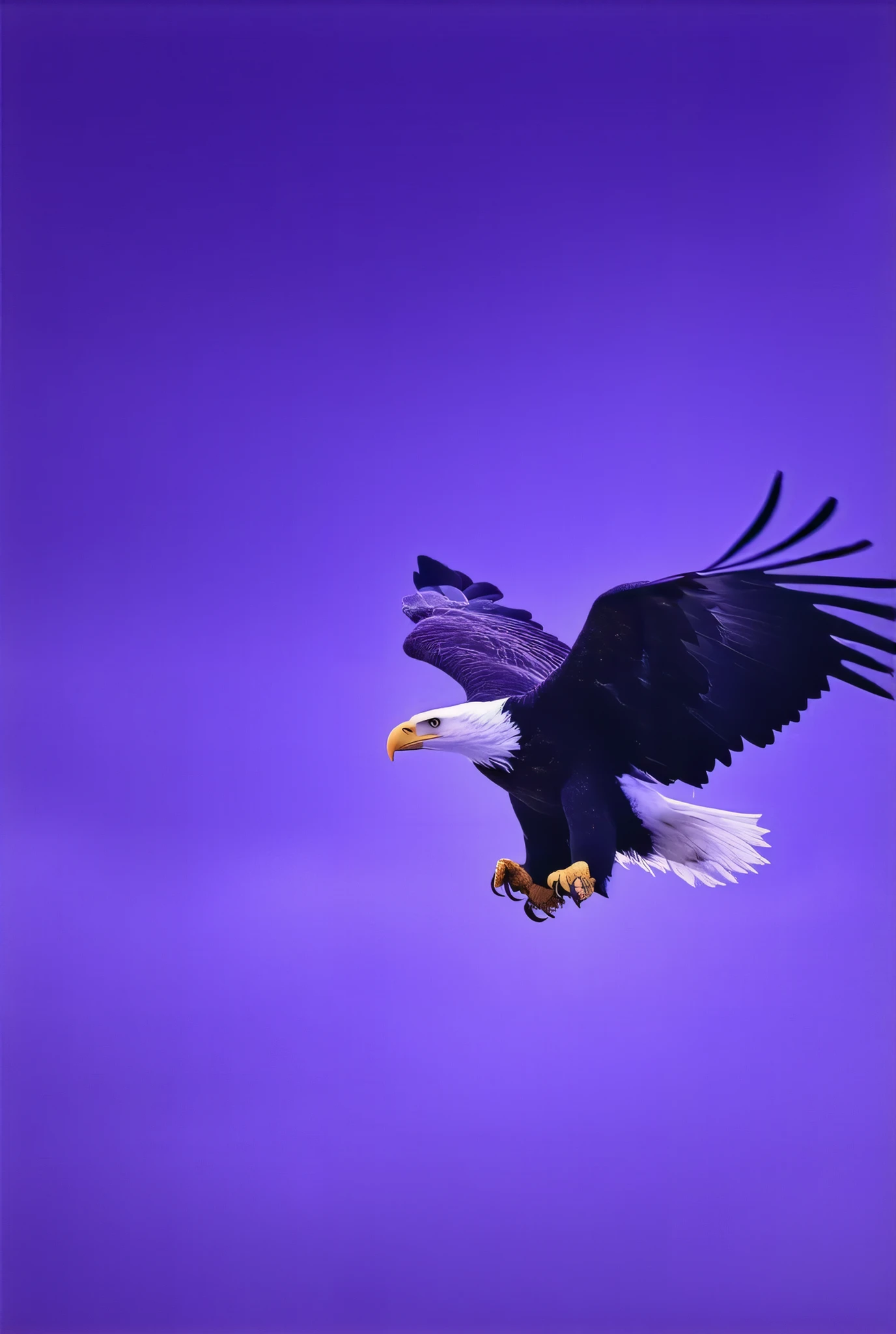 (8k, top quality, Masterpiece , Final Fantasy Style: 1.2),Atmospheric perspective, 8K, Very detailed, , (Composition seen from directly below the front,:1.3), A bald eagle swoops down toward its prey from above with its head down , its claws on both feet wide open., keen eyes, dynamic, ferocious, murderous, Moonlit night, clear air, night fog, sparkling ice particles in the air, , The sky turns eerily purple