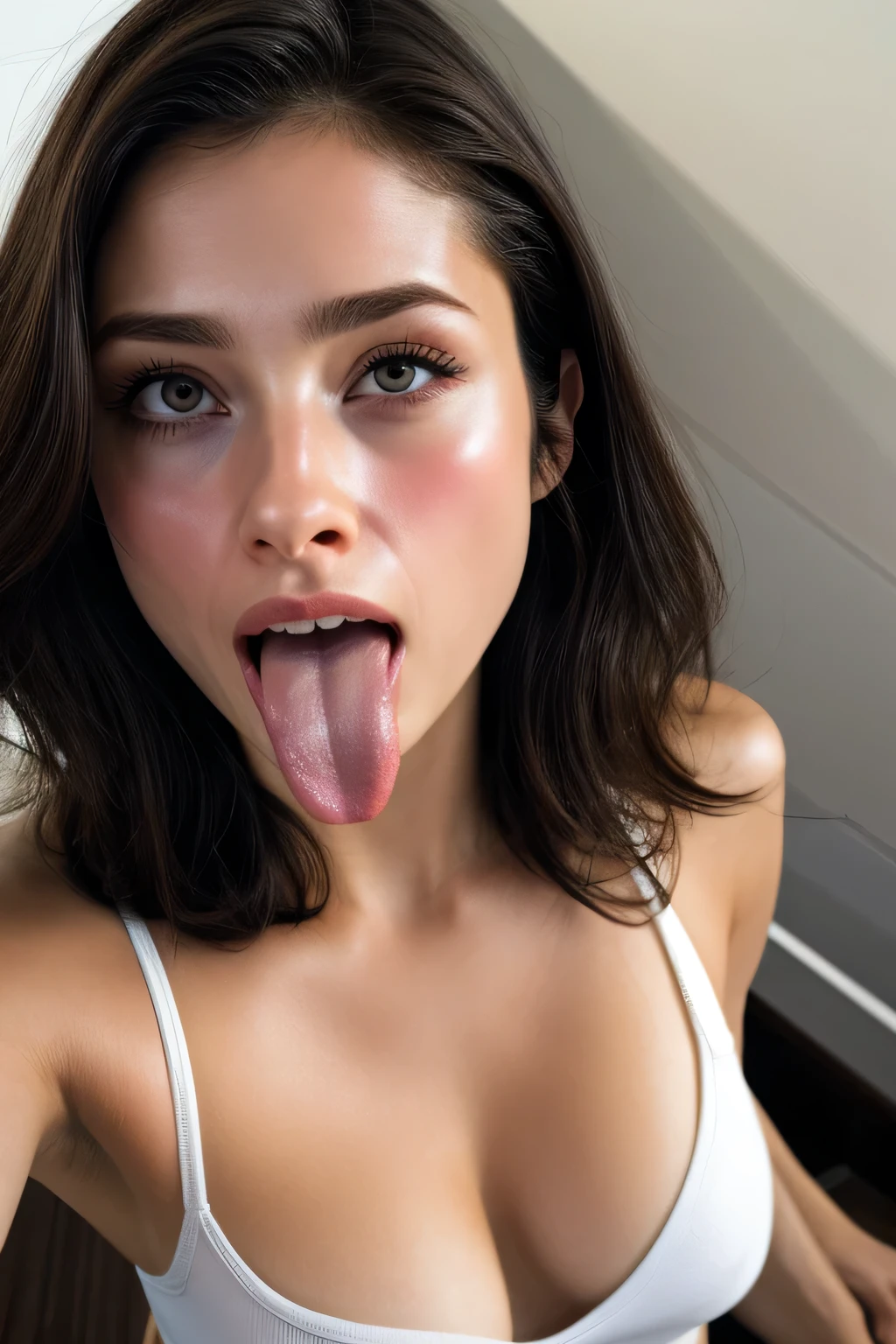 Emery Ratajkowski,rolling eyes, tongue out, long tongue, drooling, ahegao, retina, textured skin, anatomically correct, high details, high quality, ((Dark Eyes,black eye)),Very beautiful face and eyes, Big eyes, 1 female、Real skin type,Pores are visible,