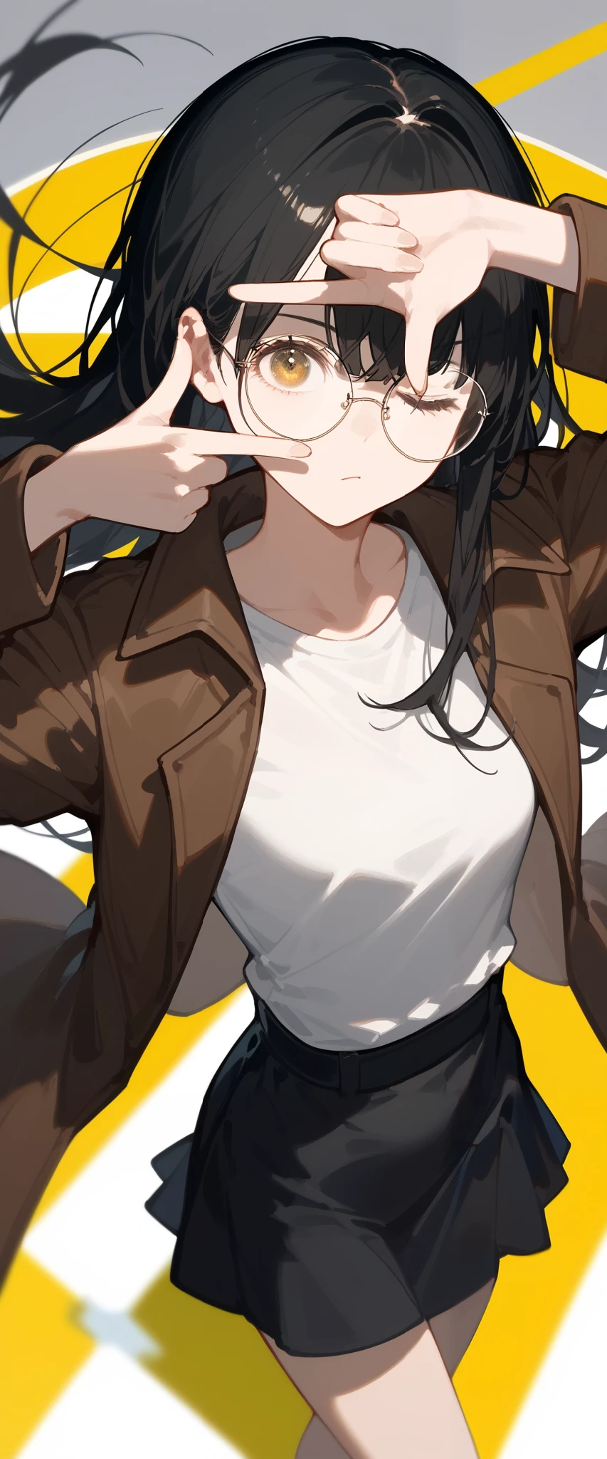 alone,girl,Black blonde hair,Bangs,girlบาร์, ,Wear black round glasses,Long hair,Black hair ends,In golden bronze eyes,Black hair ends,naked,  white shirt , Brown Jacket,Black skirt, finger frame pose,High angle photography,, closed one eye,detective