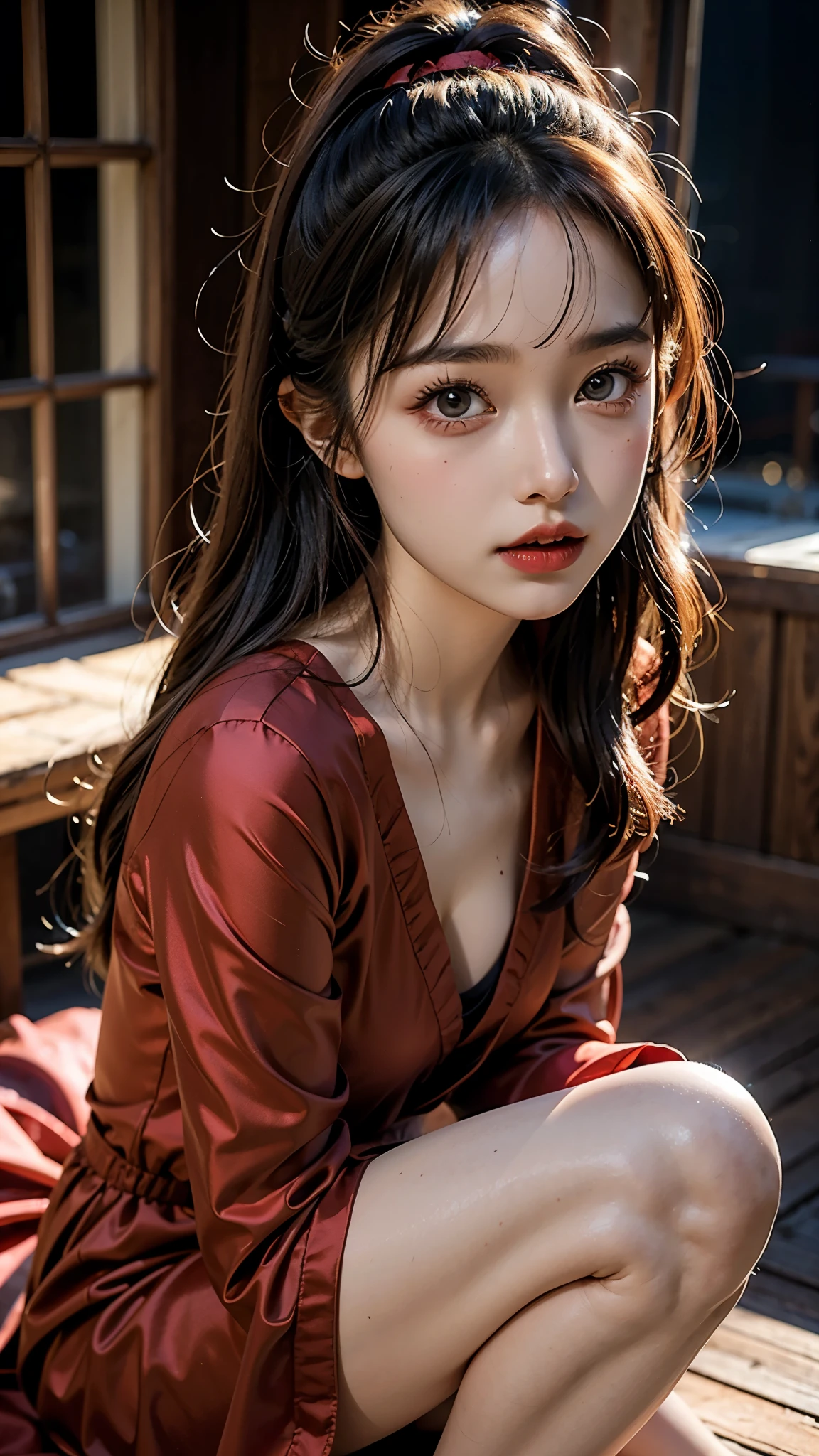  RAW photos , (Full HD Epic Wallpaper)，8k，Hyper HD,  dslr,  soft lighting ,  High Quality ,  Filmgrain, Fujifilm XT3,The eyes are delicate and clear ， the face is very clear ，(1 person, woman:1.2),( Half Body),  long gray hair , ( The camera is focused on the knee:1.3)，Alone,  detailed background,  detailed face ,   appear with a pale complexion , Lolita Outfit , Red Robe, , Suspended particles,  particle effects ,, Red Flame, In the background,  shrouded in deep red fog , sunset, Symmetrical Configuration,  spectacular atmosphere ,