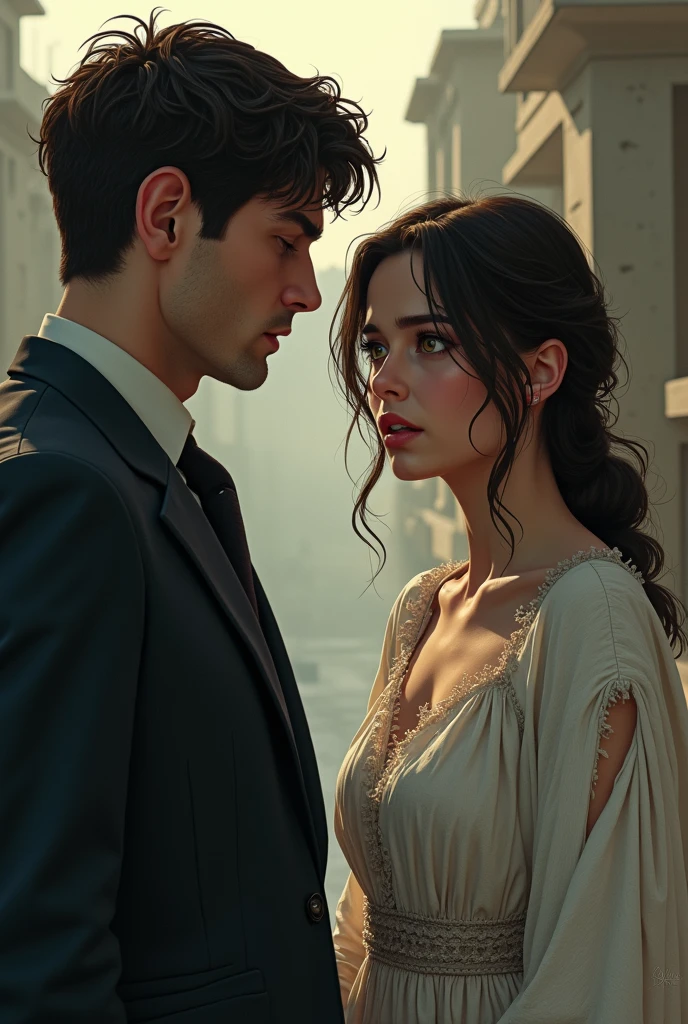 Couple looking at each other, girl and man, detailed face, purposeful facial expression, (((steampunk close))), ((steampunk city in the background)) NSFW, RAW, beautiful city background, (((perfect hands))), beautiful hands, straight hair for a girl, long hair for a girl, short haircut for a guy, analog style, ultra-detailed photography, cinematic lighting, artstation, 4k, sharp focus, high resolution, detailed skin,  detailed eyes, Kate Beckinsale's face, bokeh