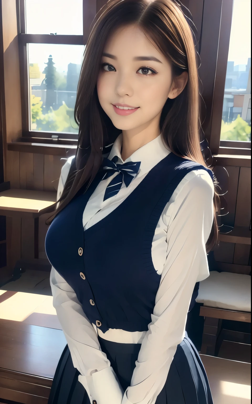 top-quality、Top image quality、​masterpiece、fully body photo、18yo woman、Dark brown shorthair、bangss、((Schoolgirl Uniform))、 ((no-bra、Puffy nipple、))、soft boob、breasts of medium size,、Kamimei、 Shy laughter、school classrooms、sit a chair、Flip the skirt with your hands、Show panties、((Grasp your breasts with both hands over your clothes、open one's legs、Open both knees))