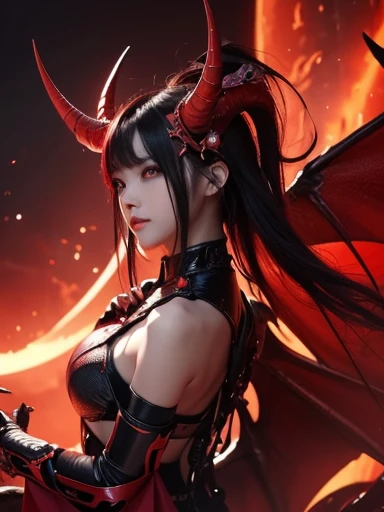 (  model pose , K-POPアイドル),  cyborg少女、 A demon with hornS unfurling bright red wingS and fallS from the Sky, (  RAW photos ),  beautiful効果,   bright color , The body iS made of dragon ScaleS,   Dragon&#39;S、  ray tracing ,   table top in front of you,  beSt quality,   Super quality , Illogical Details, (The beSt light), ( BeSt Shadow ), Sharp, Clear Image,   DetailS,  Very Details,    high definition  , 8k, 4K, ,  volume ,   DetailS black armor, ( particle effectS ),    creative image with machine edited background  、I々The body iS made of machineS、I々The body iS made of machineS、 beautiful, very   DetailS porcelain woman in profile、 cyborg、Robot partS、150mm、 beautifulスタジオの柔らかな光、Rim Light、 vivid details 、 GorgeouS Cyberpunk 、Ren Hao、 Surreal、Anatomical、NSFW Girl、cable, Wire,  microchip、  elegant  、 beautiful背景、Big red full moon、 AI Generated Painting by Sea Art 、 It depictS a faScinating image of yin and yang ...., ( beSt quality, ExquiSite deSign, The The beSt lighting, Better Shading). high heelS、  Angle from below the knee   、  anklet with a large cane、red moon background 、red eyeS、The flame that BurnSS everything、diSaSter々BurnS、diSaSter々EmitS an aura、