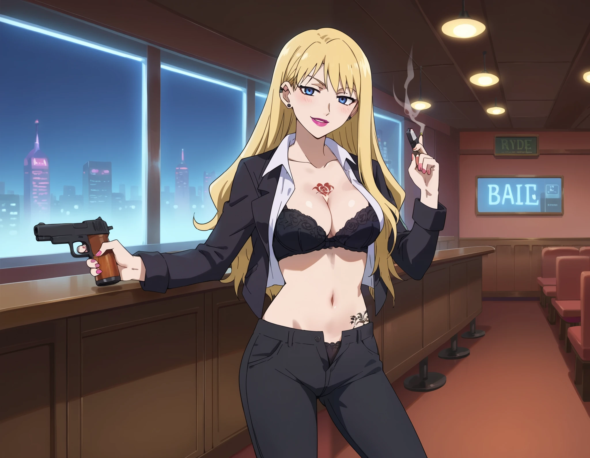 score_9,score_8_up,score_7_up,score_6_up,score_5_up,score_4_up,anime coloring,source_anime,brita,1girl,solo,blue eyes,blonde hair,long hair,lipstick, ear piercing, long hair, blush, lipstick,Hot girl, baddie, smoking, sensual, attractive, bar
background, inside bar,indoors, cityscape, casino, nightclub, city lights,long sleeves,
cleavage, jacket, unbuttoned pants, black jacket, black pants, formal, suit, black bra, evil smile, smile,
(nsfw) not safe for work, navel, evil expression, exposed belly, exposed navel, exposed midriff,
exposed lower belly, unbuttoned long black pants, open mouth, holding a gun, holding pistol, , cleavage, unbuttoned shirt,shirt, knot,, tattoo on body, dragon tattoo, tattoo midriff, rose tattoo,, open arms sideway, arms T-pose, smirk, standing, anime girl T posing