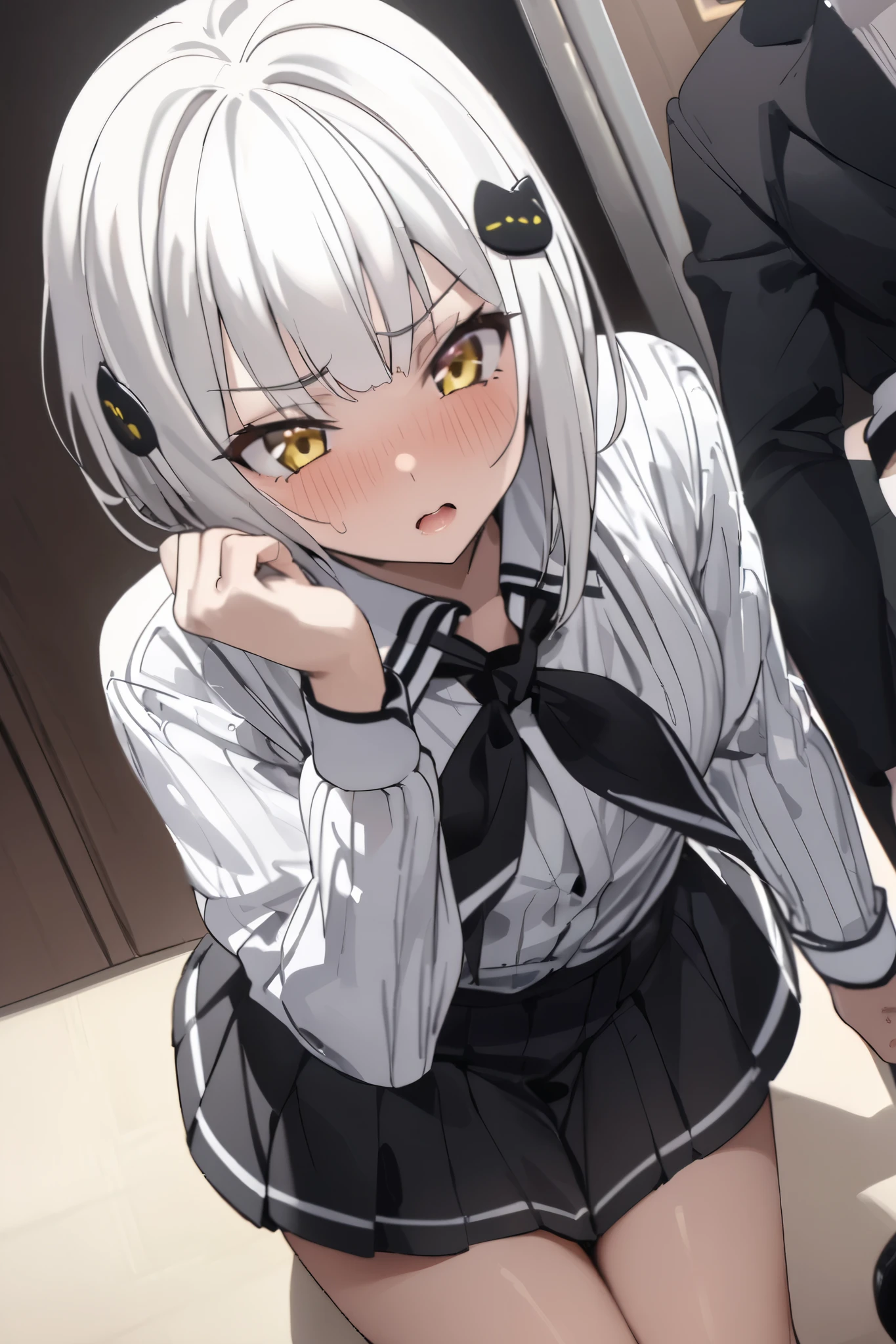 NSFW,masterpiece, top quality , high definition , very detailed,Tojo kitty cat、 short hair、 hair ornament、 yellow eyes、White Hair, skirt、uniform、 shirt、白い shirt、襟付き shirt、 neckerchief 、黒い neckerchief 、 Long Sleeve 、赤い skirt