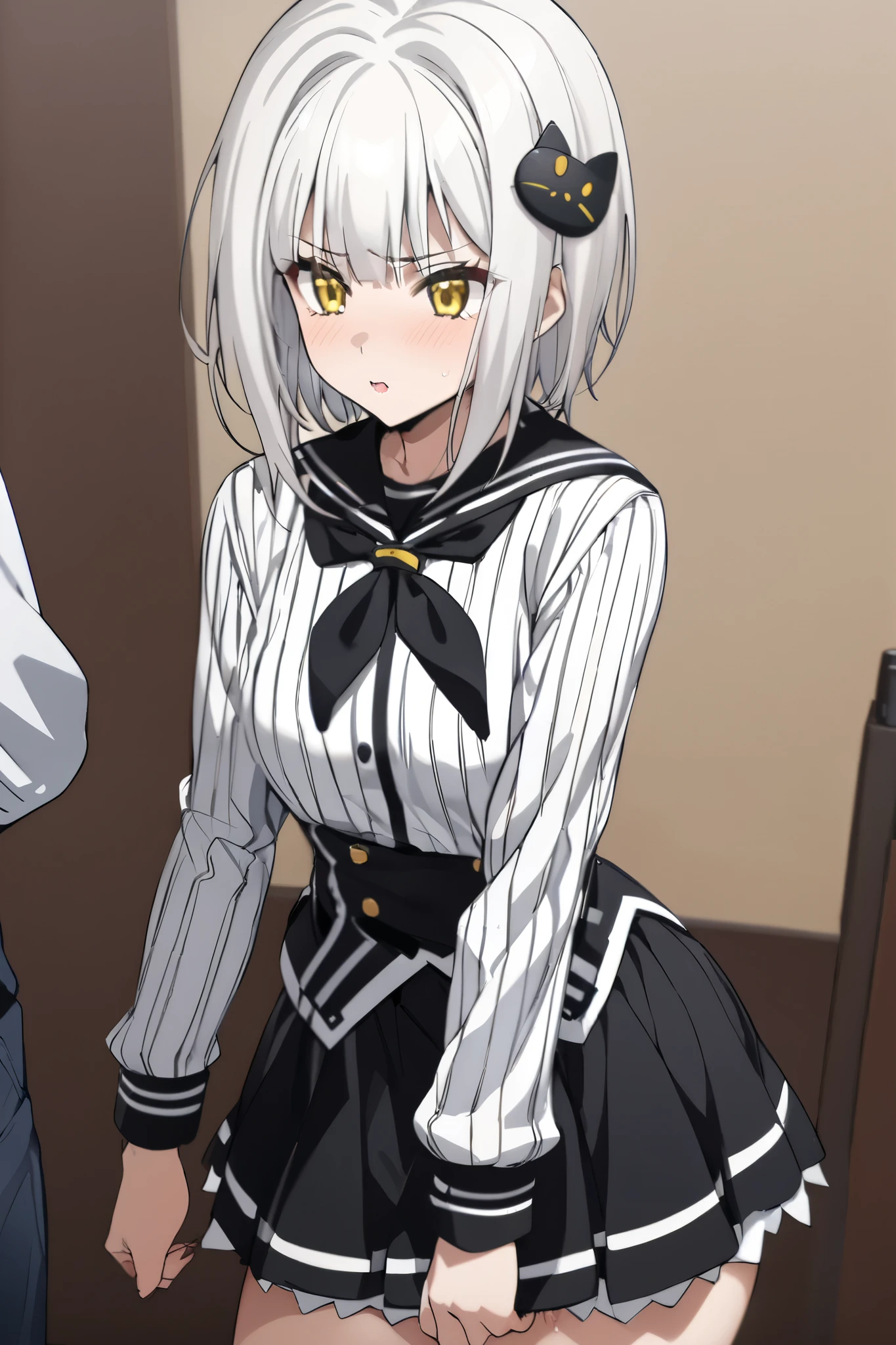 NSFW,masterpiece, top quality , high definition , very detailed,Tojo kitty cat、 short hair、 hair ornament、 yellow eyes、White Hair, skirt、uniform、 shirt、白い shirt、襟付き shirt、 neckerchief 、黒い neckerchief 、 Long Sleeve 、赤い skirt