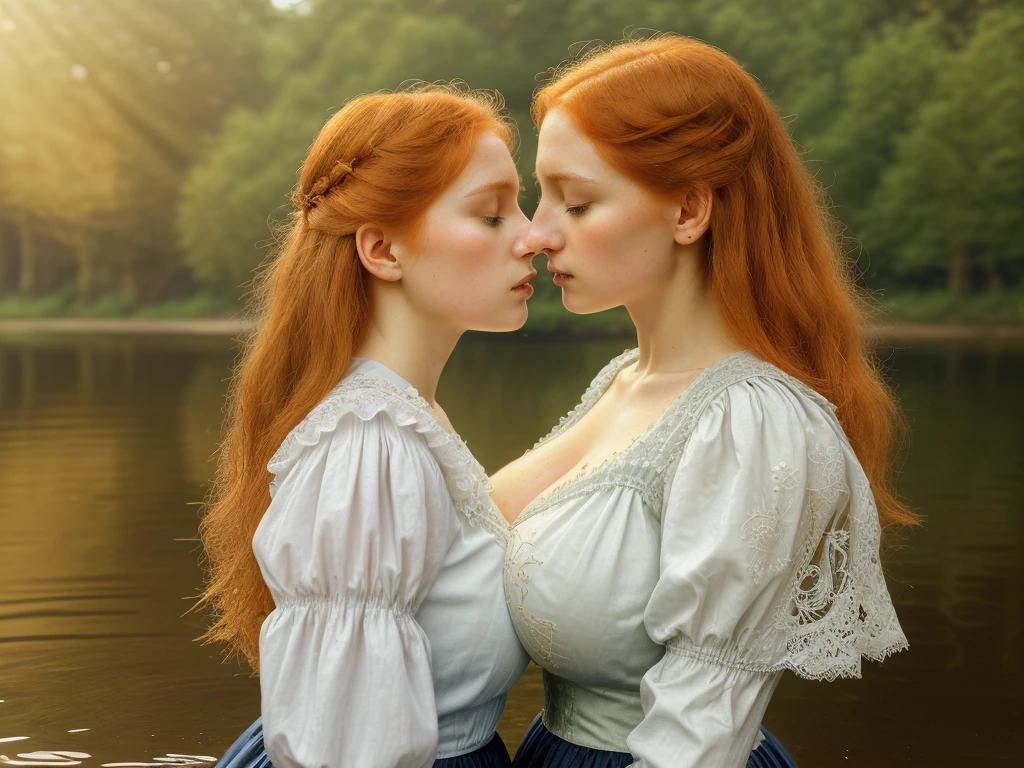 a girl whispering into another girl's ear, overhead view, 1800s aesthetic, redhead and blonde hair, sharp facial features, (gigantic breasts:1.3), beautiful detailed lace dress, long puff sleeves, cinched waist, refined silk or fine cotton fabric, elegant victorian fashion, detailed fashion illustration, swimming in lake, peaceful nature landscape, lush green foliage, warm golden hour lighting, reflections in water , high quality, realistic, photorealistic, 8k, masterpiece, intricate embroidery, delicate lace patterns, opulent textures, sumptuous folds, dramatic lighting, warm color palette, chiaroscuro, oil painting style