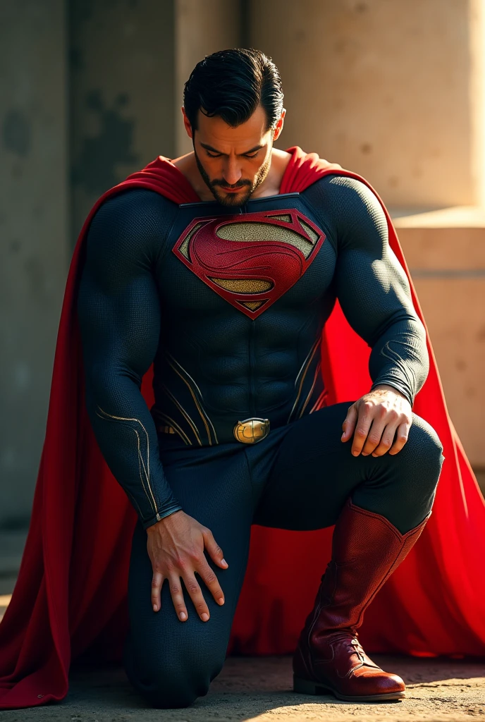 h3nr4, Henry Cavill Henry Cavill attractive, muscular, with short beard, dressed in a Superman costume, red belt and red boots, A red cloak flows behind him. kneeling on the floor with head slightly tilted down and eyes closed, with an expression of pain. with intense lighting, the superhero is highlighted from the right.