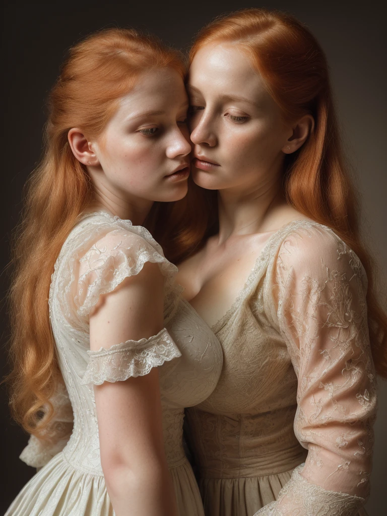 a girl whispering into another girl's ear, overhead view, 1800s aesthetic, redhead and blonde hair, sharp facial features, (gigantic breasts:1.3),beautiful detailed lace dress, long puff sleeves, cinched waist, refined silk or fine cotton fabric, elegant victorian fashion, detailed fashion illustration, high quality, realistic, photorealistic, 8k, masterpiece, intricate embroidery, delicate lace patterns, opulent textures, sumptuous folds, dramatic lighting, warm color palette, chiaroscuro, oil painting style (best quality,4k,8k,highres,masterpiece:1.2),ultra-detailed,(realistic,photorealistic,photo-realistic:1.37),concept art,dramatic lighting,muted color palette,intricate details,fine art painting