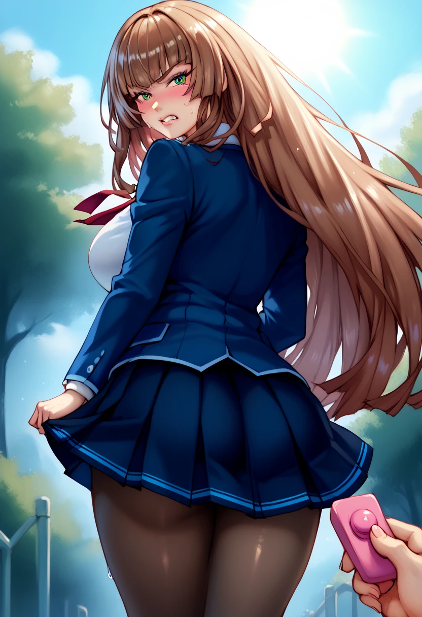 koukawa asukai, brown long hair, long hair, green eyes, large breasts,high school uniform,miniskirt, black pantyhose,score_9, score_8_up, score_7_up, perfect hands, perfect finger,perfect anatomy, masterpiece, best quality,realistic, hyperrealistic, 16k hdr,1 mature female,outdoor,high school,sun shine,strong wind,sweat,(red blush,angry:1.2),(POV holding vibrator remote),(from behind,ass.looking back:1.2),(strong wind:1.1)