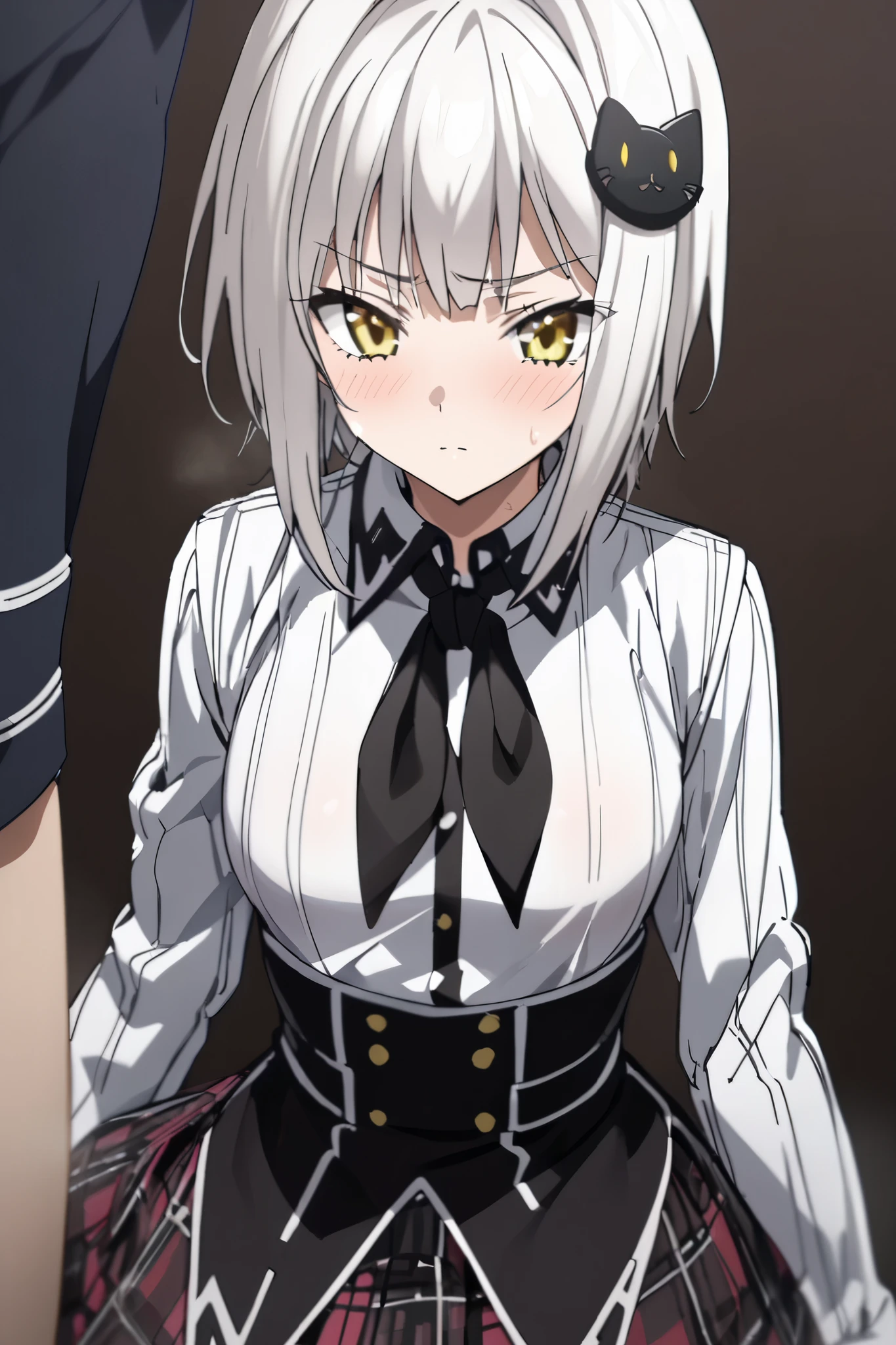 NSFW,masterpiece, top quality , high definition , very detailed,Tojo kitty cat、 short hair、 hair ornament、 yellow eyes、White Hair, skirt、uniform、 shirt、白い shirt、襟付き shirt、 neckerchief 、黒い neckerchief 、 Long Sleeve 、赤い skirt