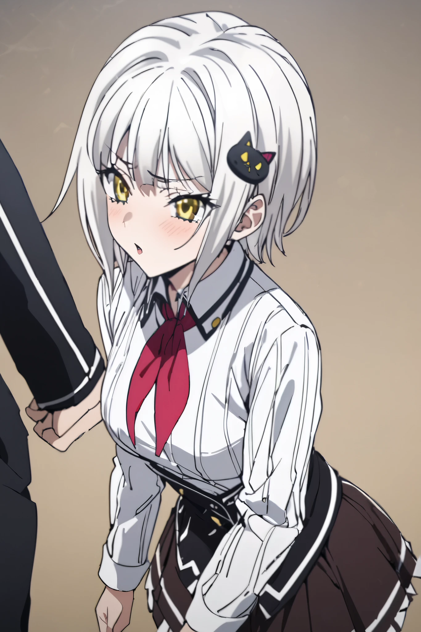 NSFW,masterpiece, top quality , high definition , very detailed,Tojo kitty cat、 short hair、 hair ornament、 yellow eyes、White Hair, skirt、uniform、 shirt、白い shirt、襟付き shirt、 neckerchief 、黒い neckerchief 、 Long Sleeve 、赤い skirt