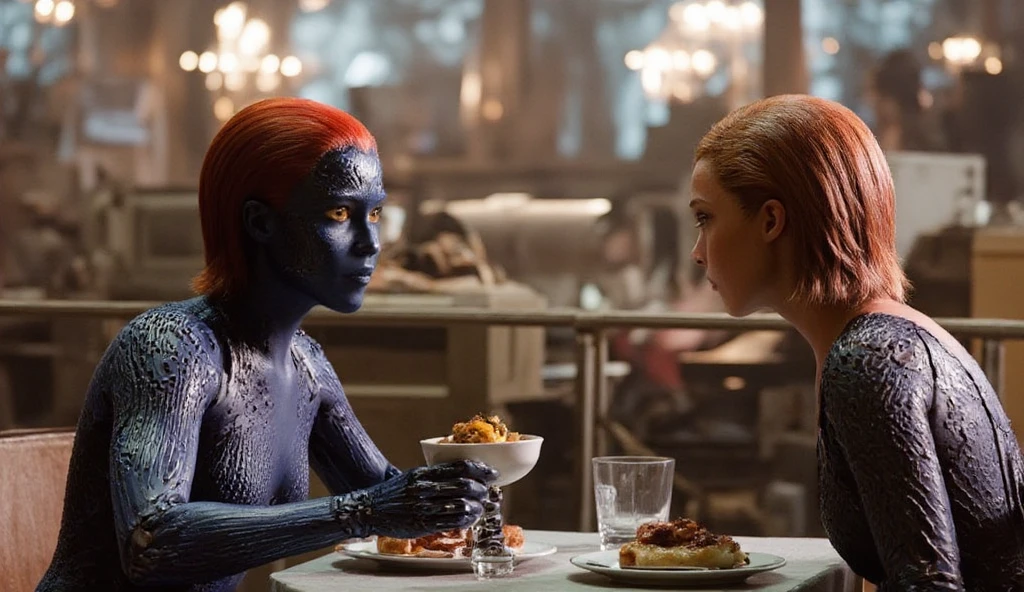 mystique, blue skin, yellow eyes, red hair, BREAK Alita wears a mecanical robot bodysuit, BREAK Mystique and alita sitting at a restaurant, eating together, daytime