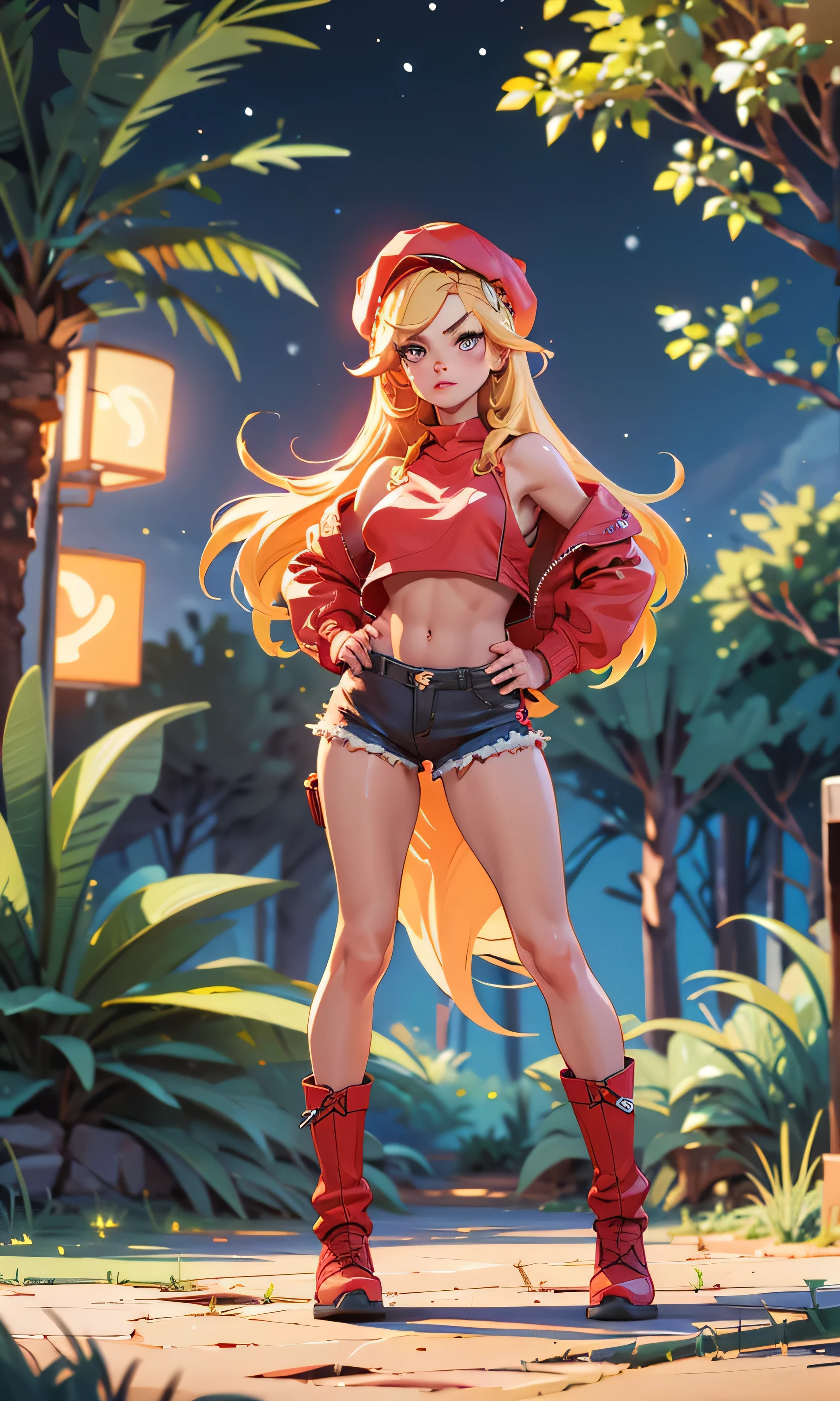 Masterpiece, 1 girl, beautiful, slim, head on, looking at the spectator, long hair, blond hair , brown eyes, arched eyebrows , Full body , pretty legs, abdomen plano, Kpop outfit , wool cap, Red micro top , Crop top, bare shoulders, neckline, Ripped top , red shorts, red winter boots, (((desnuda))), in the woods, dark sky, dry trees ,
