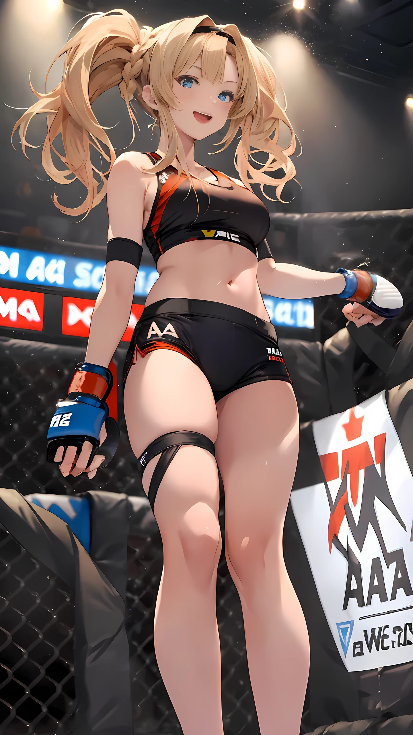 zetadef, braid, hair intakes, twintails, hairband,
Detailed eyes,(wearing sports wear:1.5, bare thigh), Her slim legs are really cute.,Very beautiful long legs, Perfect body,(Independent),(on MMA Arena :1.5), smirking, open mouth, Toned body, Ultra HD,Detailed eyes,Detailed face, cowboy shot, looking at viewer,(from below),long legs,twisting the waist,depth of field,