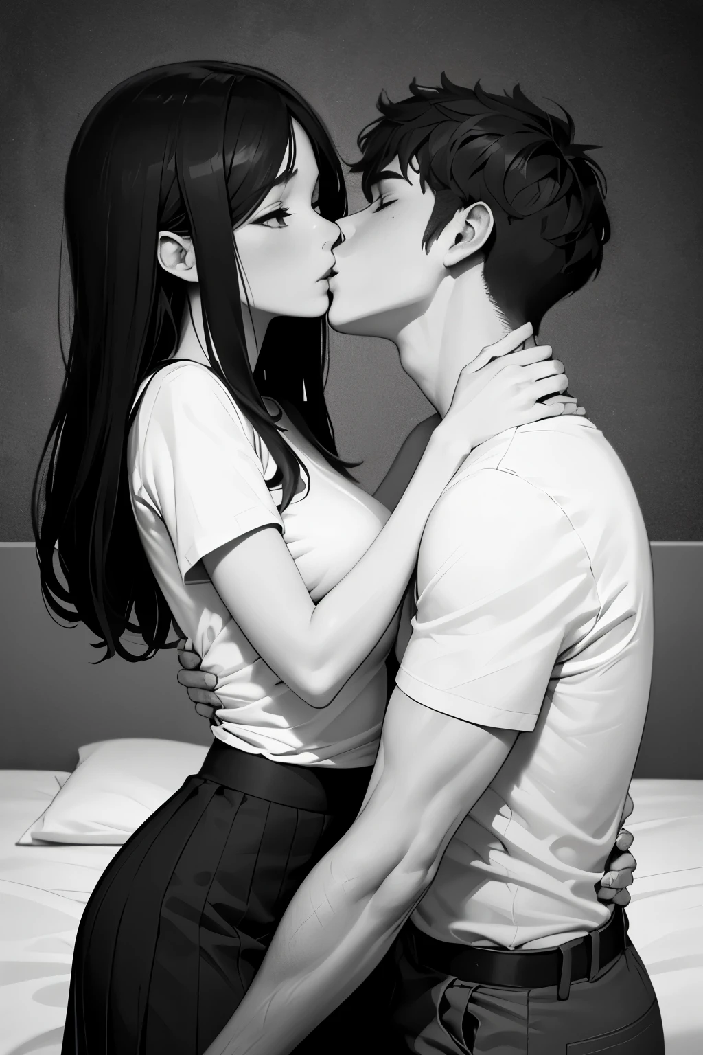 Amazing portrait of a sexy and woman wearing a black and white striped t shirt and a dark green skirt kissing and making out passionately with a shirtless boy on the bed in an intimate setting