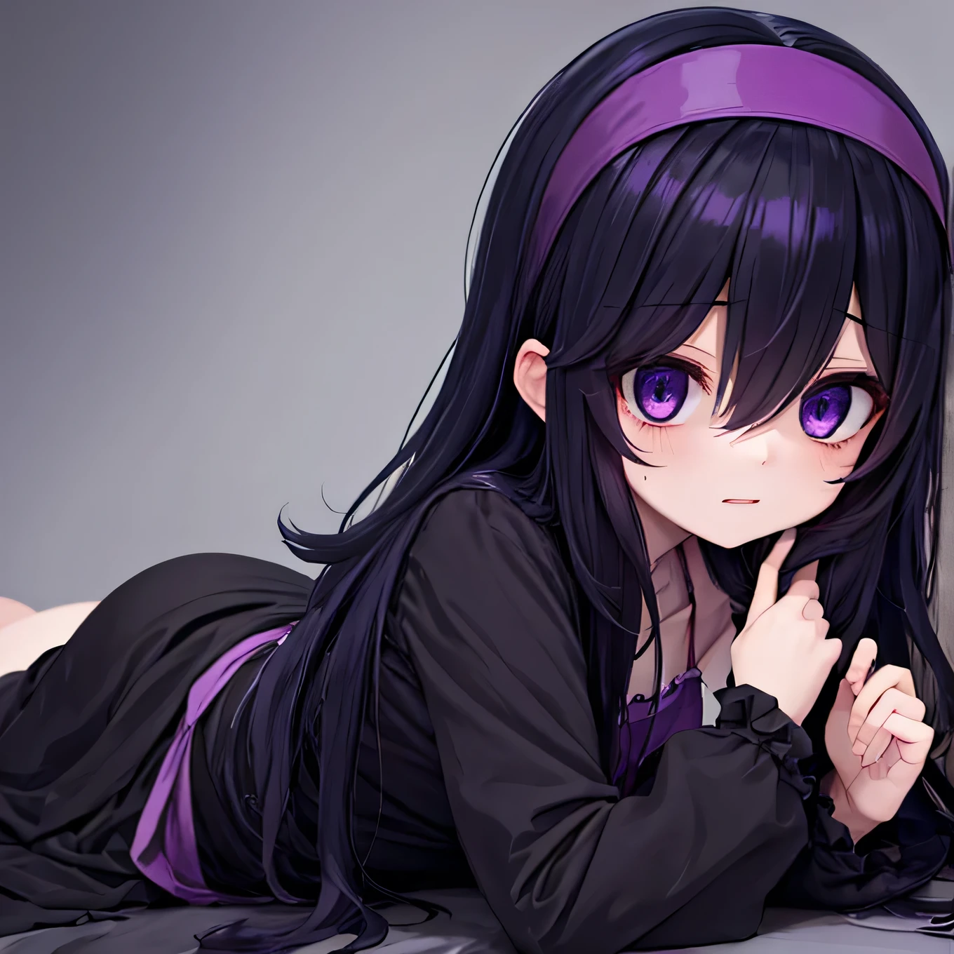 shy 、Black Hair、Hair between the eyes、A woman with a dark atmosphere、 long hair、(( Unkempt Hair ))、 maid clothes、Moe sleeves、purple headband、 、 big eyes on left jaw