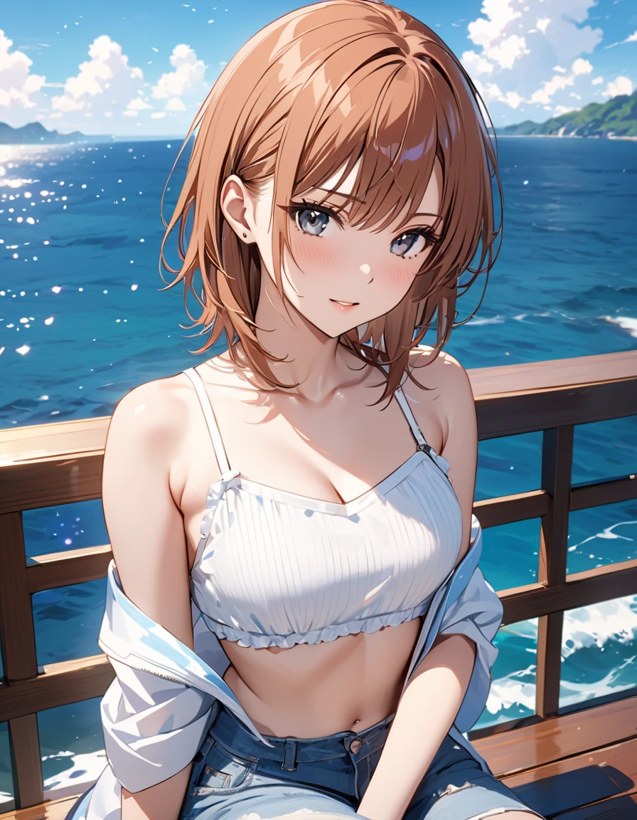 Cowboy Shot、oil、masterpiece、Highest quality、High resolution、Redhead、Bright woman、smile、heart pattern tank top、Sweaty skin、Summer coast、sunny、Medium Hair、Bob Hair、Shoulder-length hair、Slouching、Green Cargo Pants