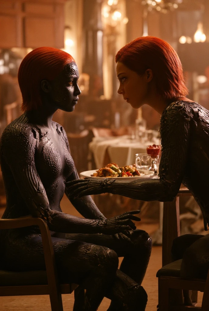 mystique with blue skin and yellow eyes and red hair, Alita
wears a mecanical robot bodysuit, Mystique and alita sitting at a restaurant, eating together, daytime