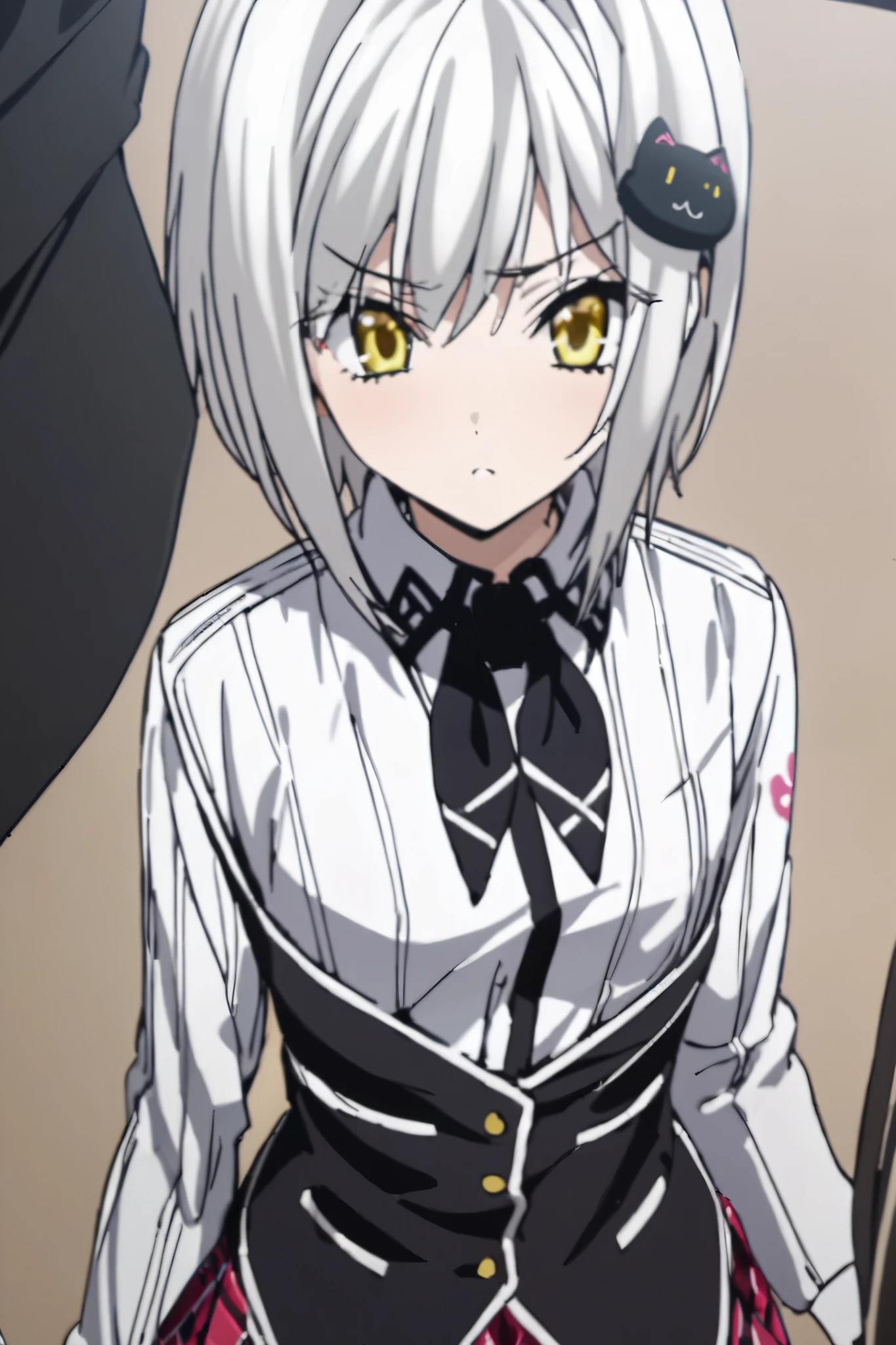 NSFW,masterpiece, top quality , high definition , very detailed,Tojo kitty cat、 short hair、 hair ornament、 yellow eyes、White Hair, skirt、uniform、 shirt、白い shirt、襟付き shirt、 neckerchief 、黒い neckerchief 、 Long Sleeve 、赤い skirt