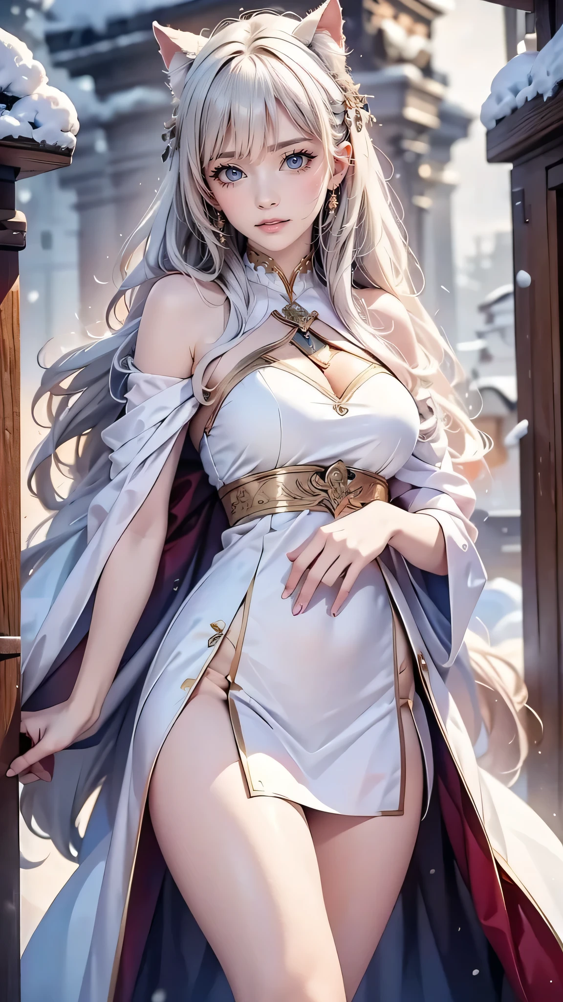 Photorealistic, high resolution, 1 Women, Solo, (Lolita costume)，Gorgeous costumes，Face the audience，The upper part of the body，Thighs Beautiful eyes, White hair, ringed eyes, (outside，Heavy snowfall，Cloak，Cover with snow)，snowfield