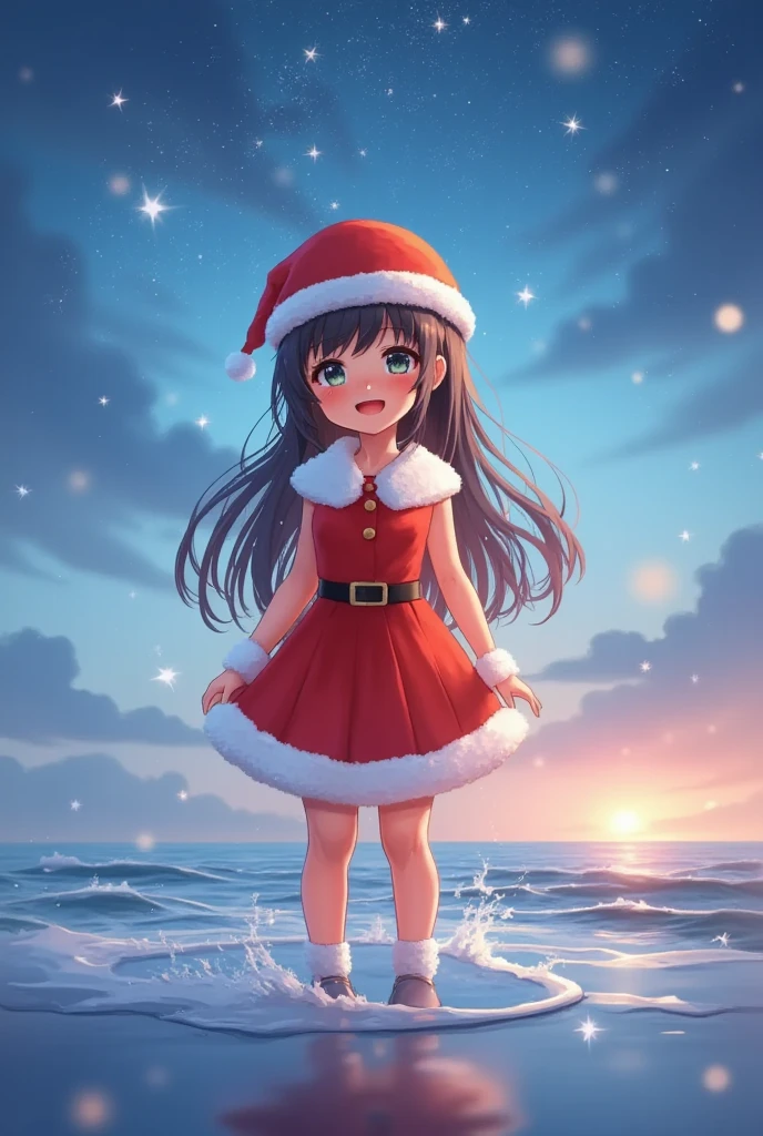 santagirl,chirtsmas,Award-winning photography，with many star，stars surrounding the girl，dawn blue，blue waves，happiness，dreamy fairy tale，fantasy，bright background，reflection，colorful，starry sky，8K,