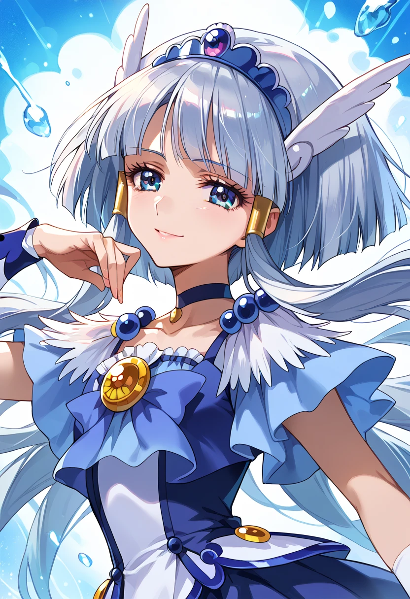 detailed background, shiny skin, posing, rating safe,  half-closed eyes, seductive smile,curebeauty,,Extremely beautiful anime style,( Silver Hair)