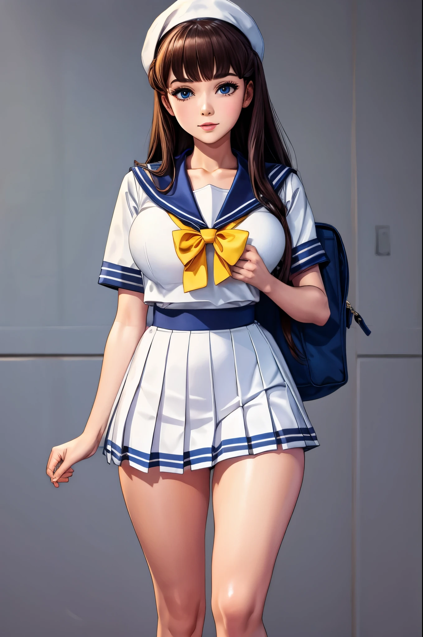 ((Japanese high school uniform)),Wear a short pleated skirt 、Silk panties sticking out、panty shot、focus on panties、Soft skin、ponytail, japanese girl, 8K, huge breasts,full body shot、 highest quality, masterpiece, realistic, Photorealistic super detail, one girl, cute, best smile, beautiful eyes, long hair, perfect face,full body shot